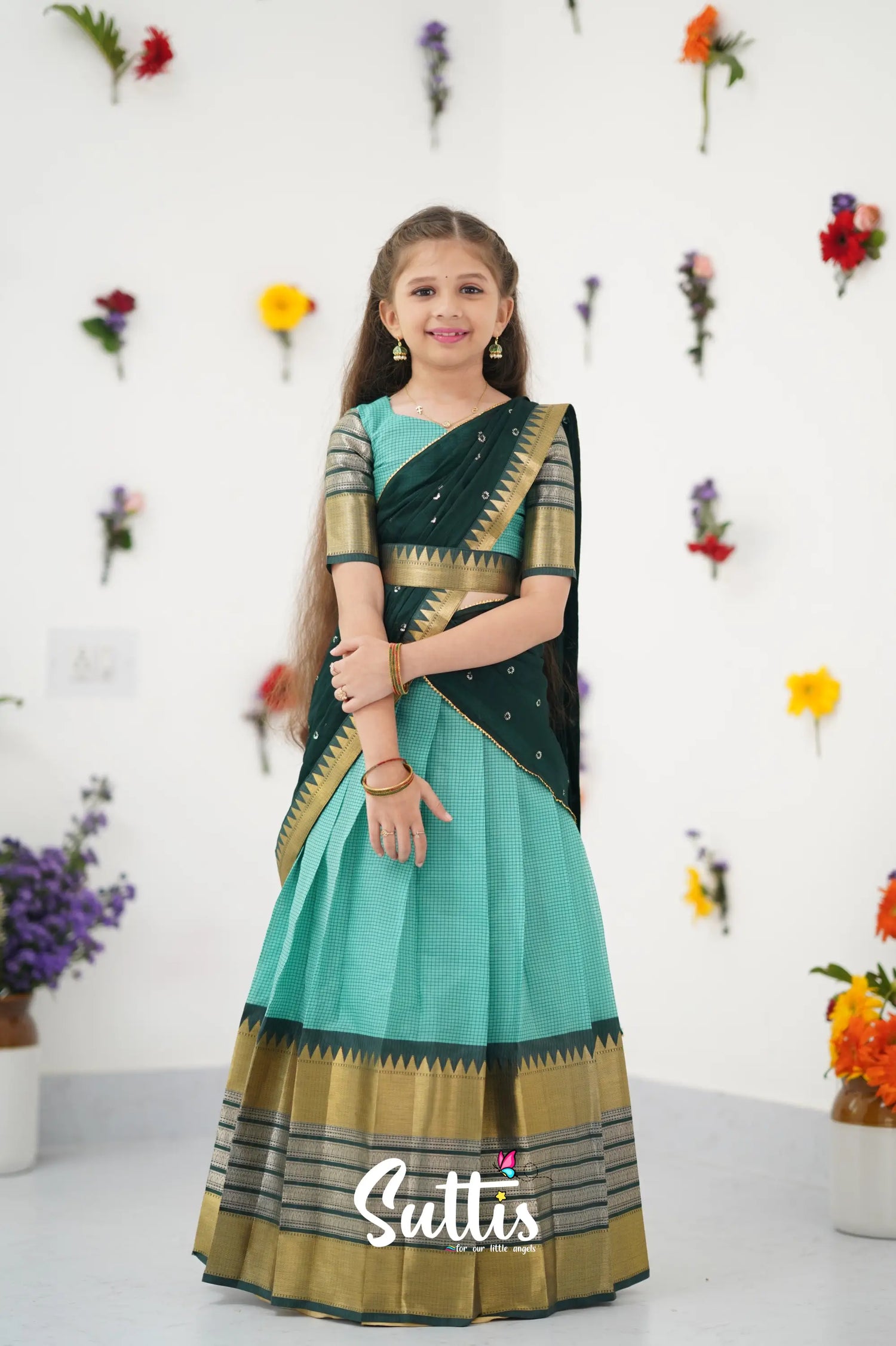 Kumaari Half Saree - Teal Green And Dark Kids - Suttis