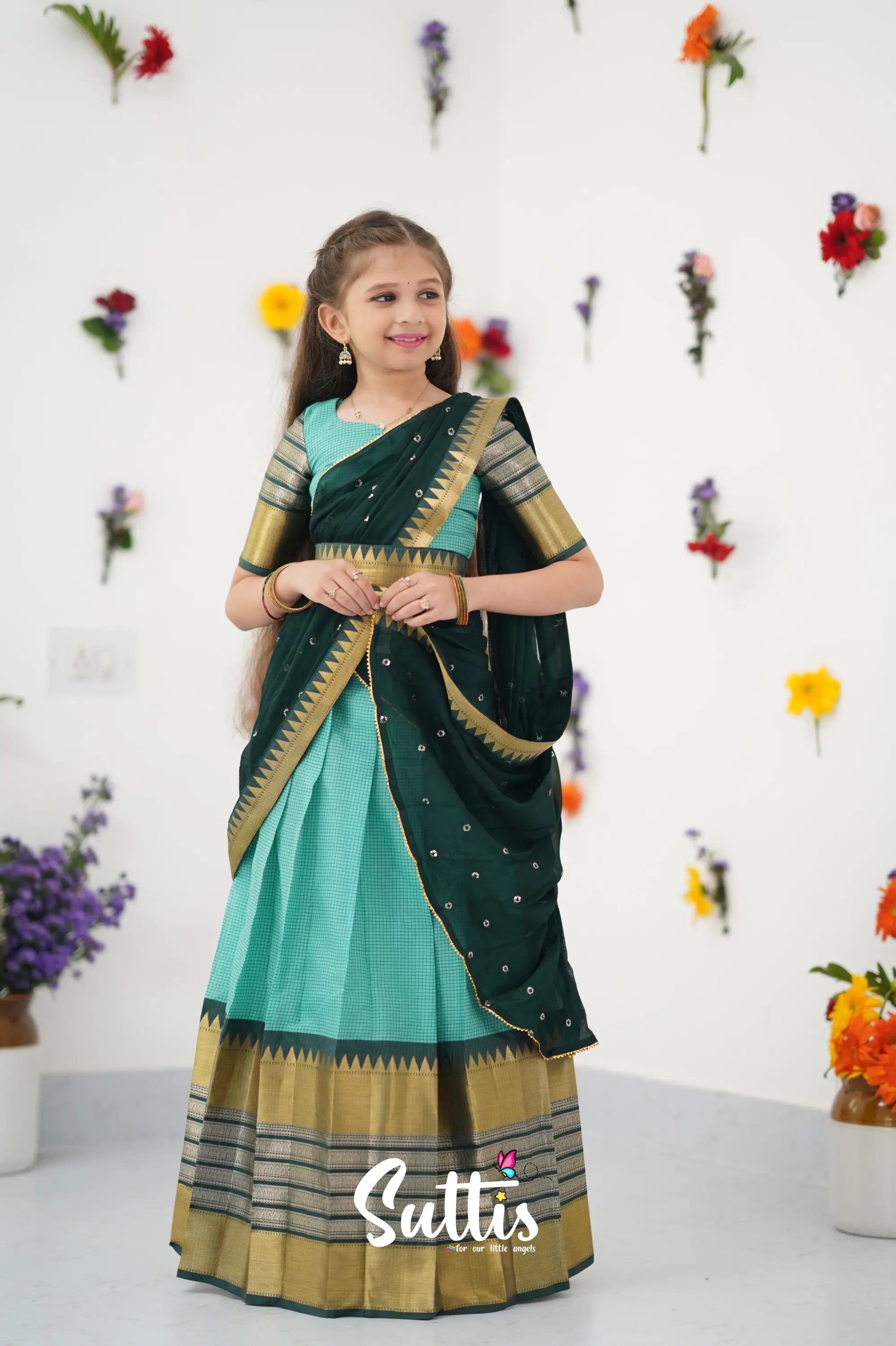 Kumaari Half Saree - Teal Green And Dark Kids - Suttis