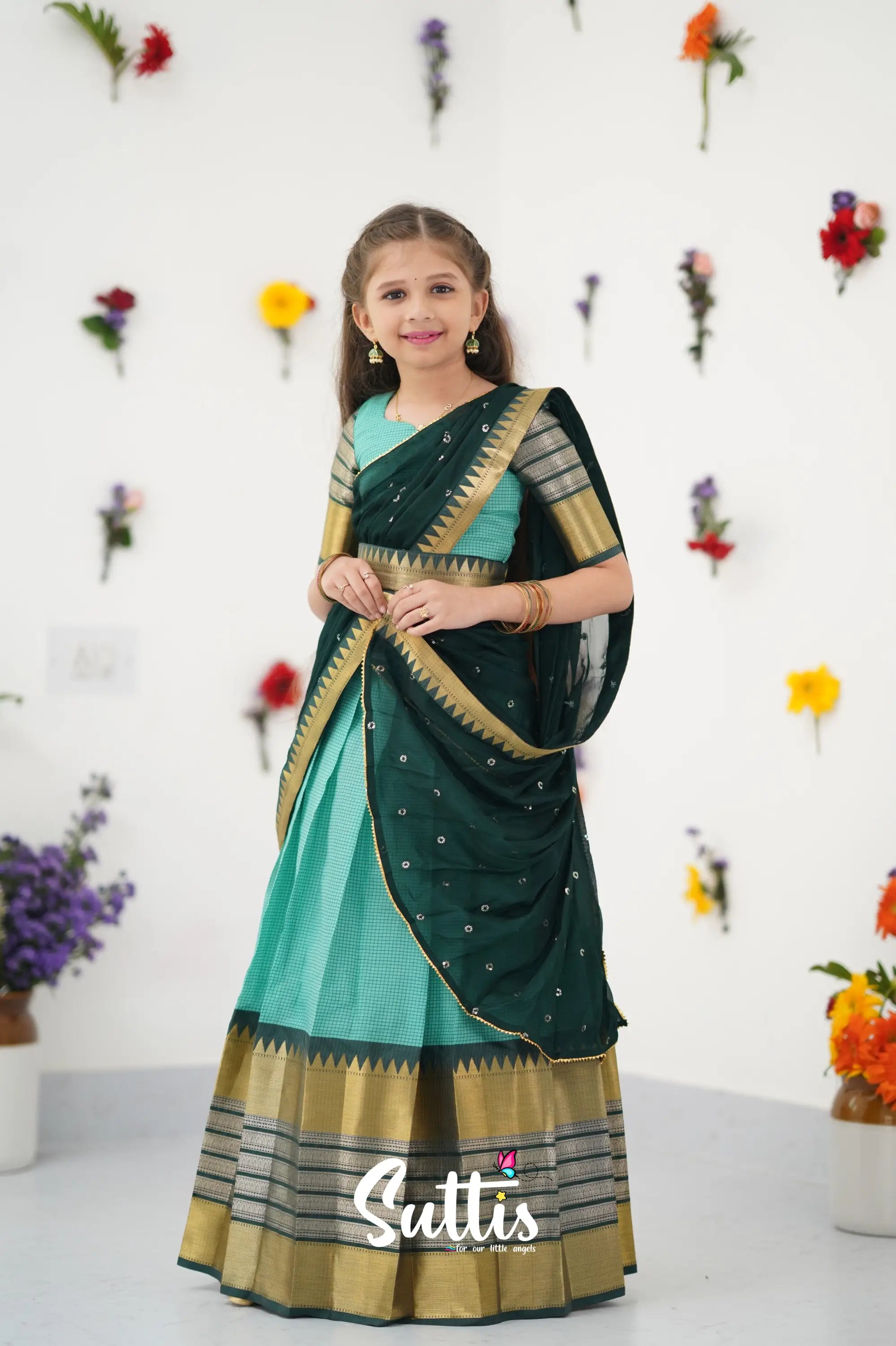 Kumaari Half Saree - Teal Green And Dark Kids - Suttis