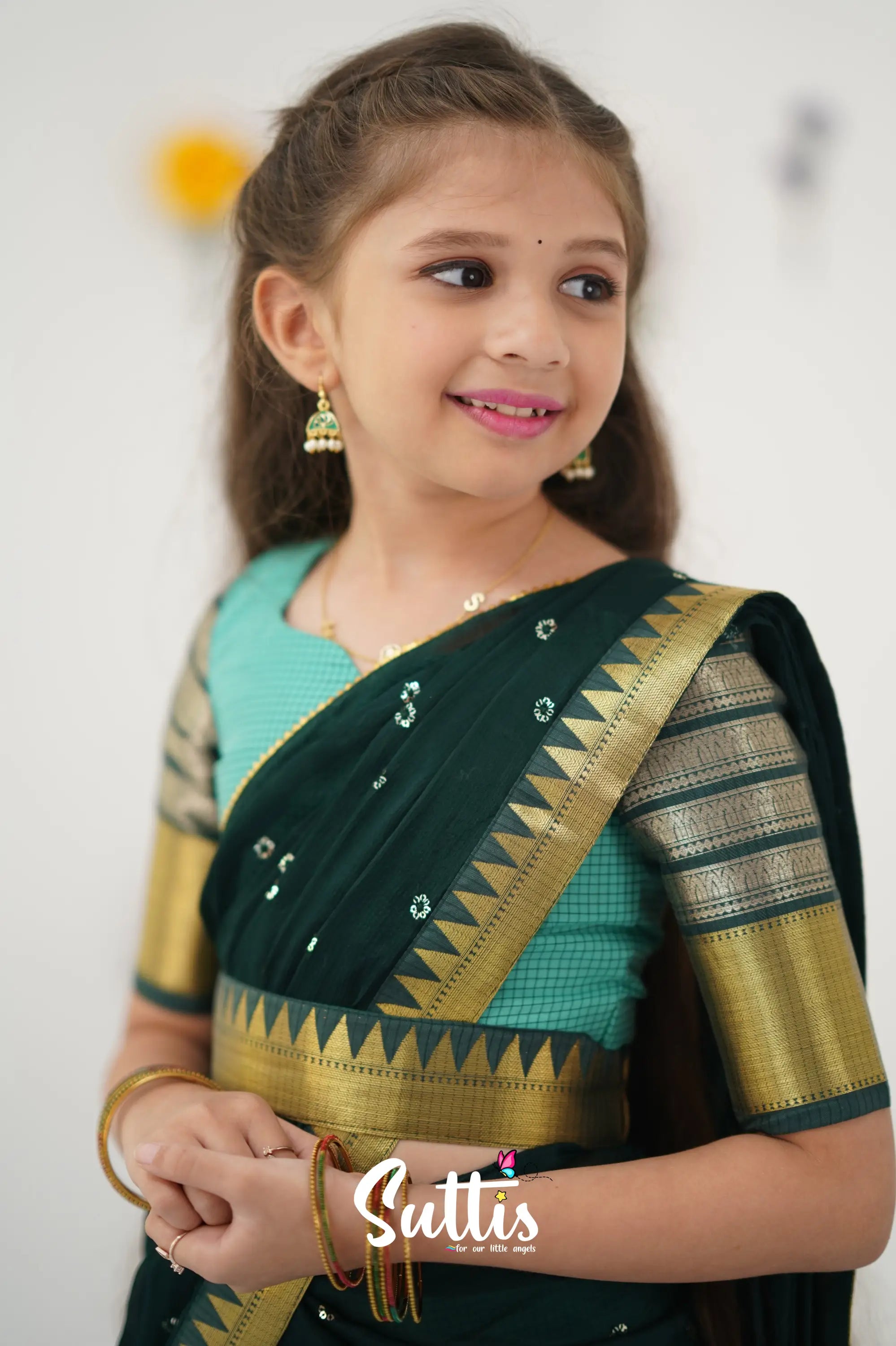 Kumaari Half Saree - Teal Green And Dark Kids - Suttis