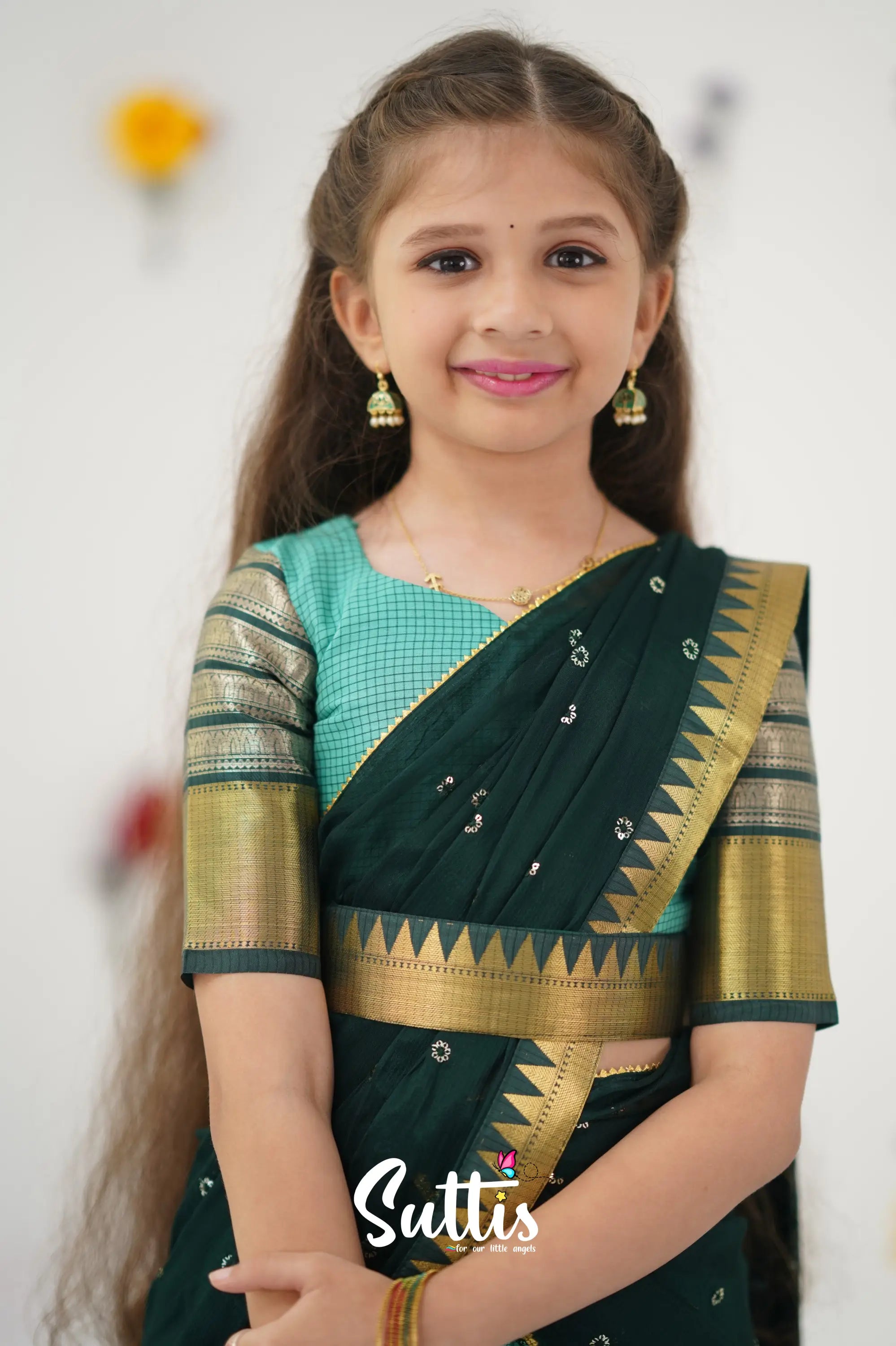 Kumaari Half Saree - Teal Green And Dark Kids - Suttis