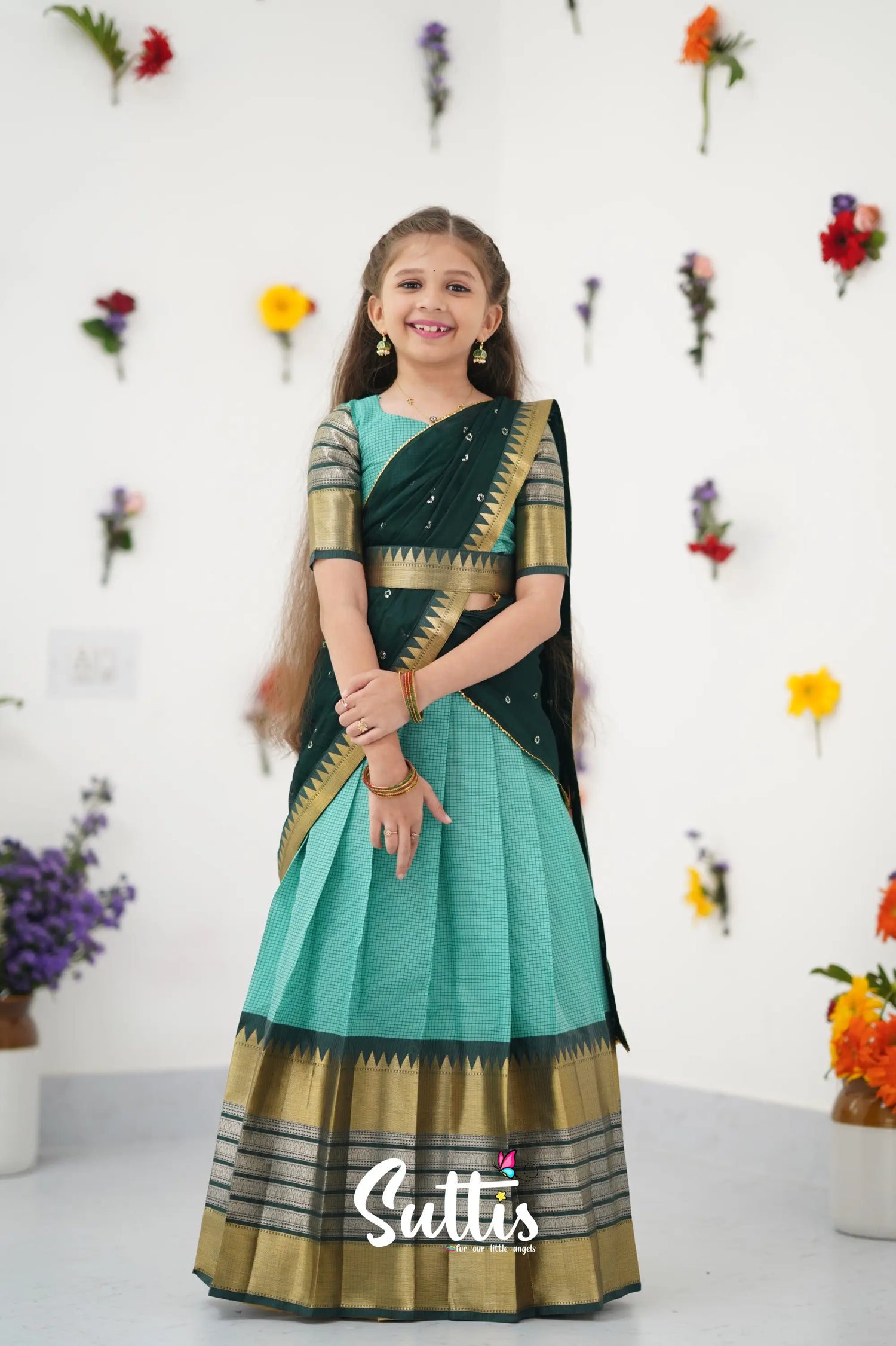 Kumaari Half Saree - Teal Green And Dark Kids - Suttis