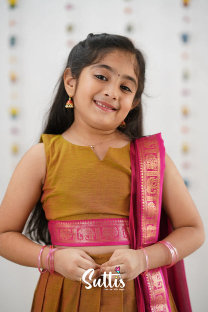 Kumaari Half Saree - Two Tone Henna Mustard Kids-Suttis