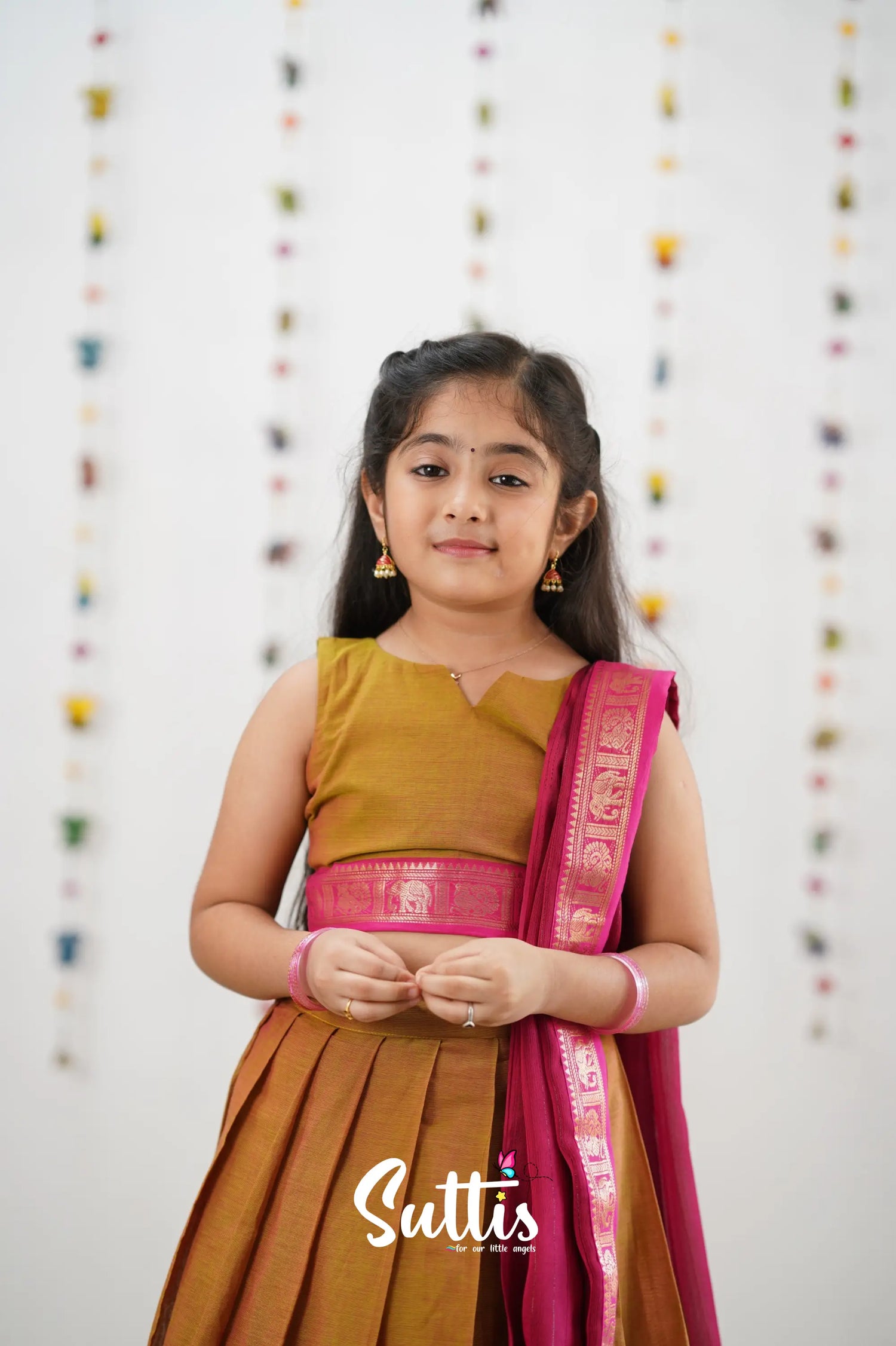 Kumaari Half Saree - Two Tone Henna Mustard Kids-Suttis