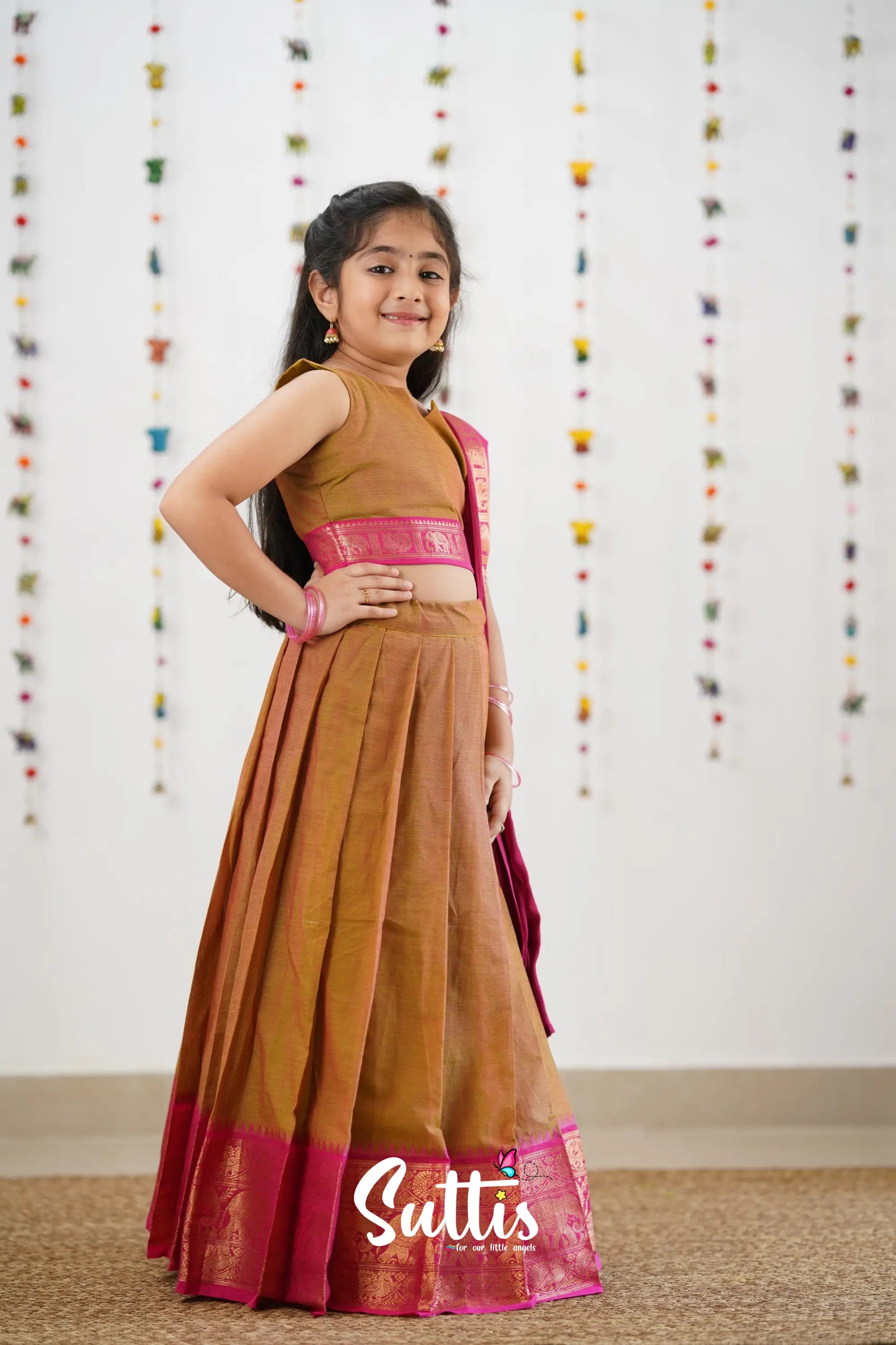 Kumaari Half Saree - Two Tone Henna Mustard Kids-Suttis