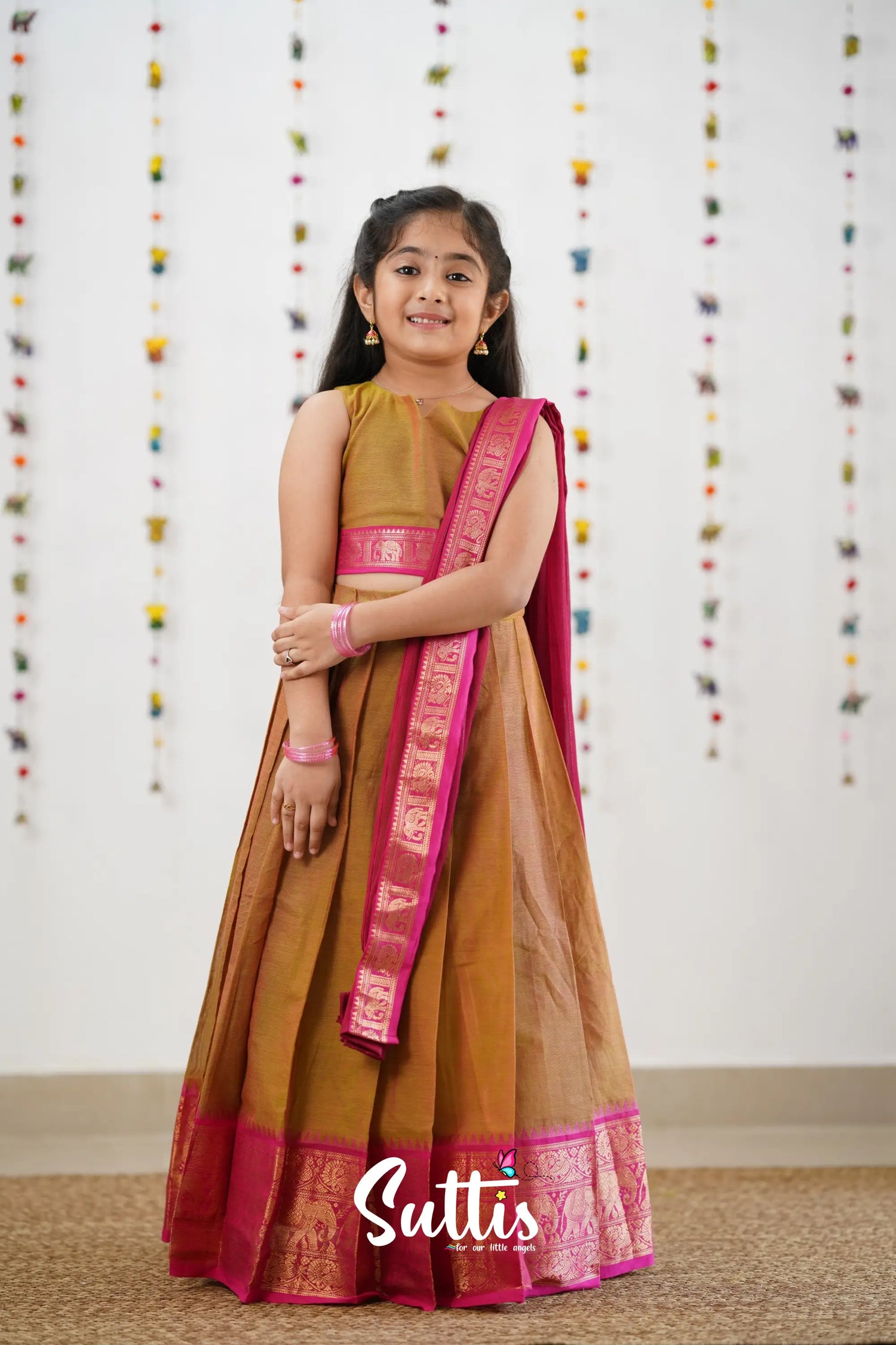 Kumaari Half Saree - Two Tone Henna Mustard Kids-Suttis