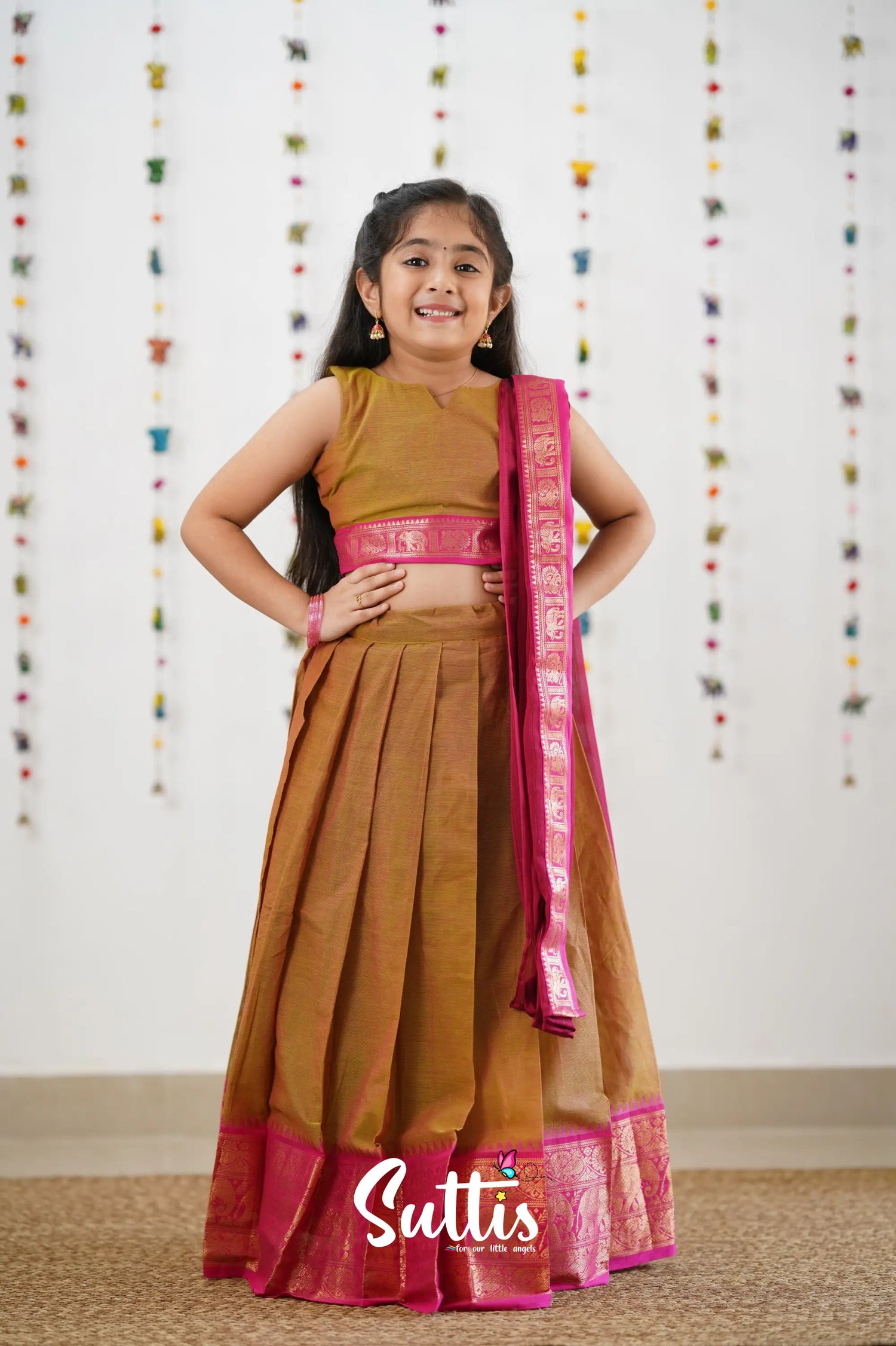 Kumaari Half Saree - Two Tone Henna Mustard Kids-Suttis