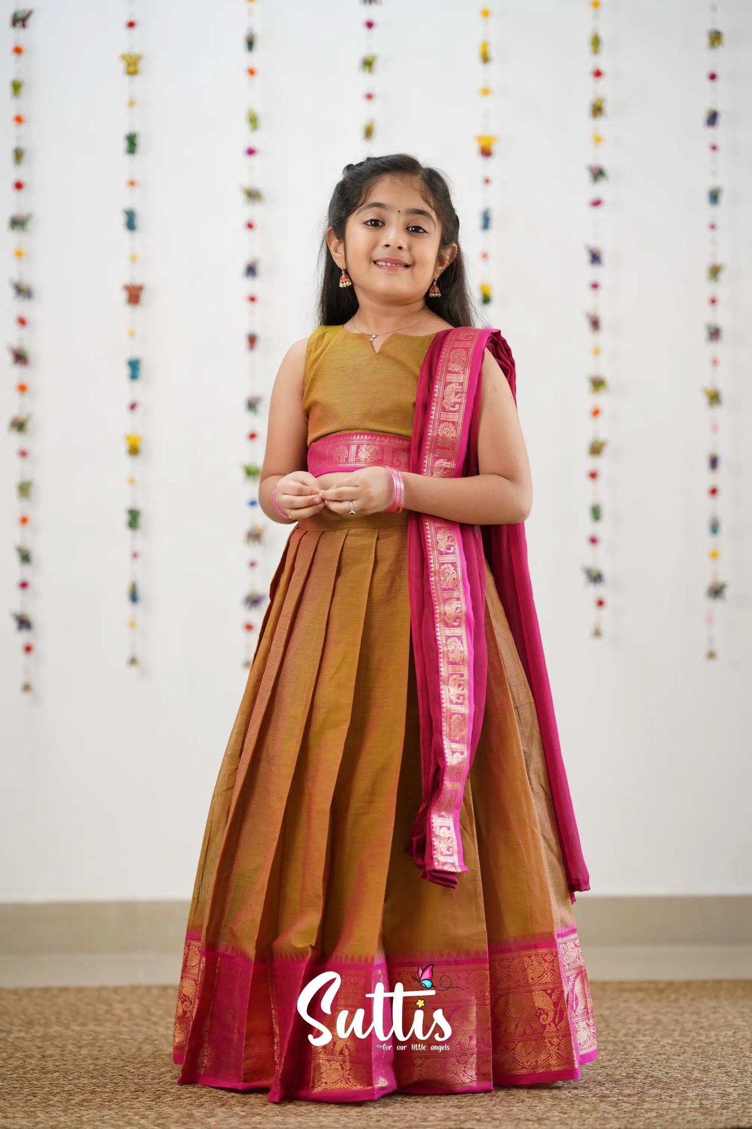 Kumaari Half Saree - Two Tone Henna Mustard Kids-Suttis