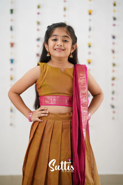 Kumaari Half Saree - Two Tone Henna Mustard Kids-Suttis