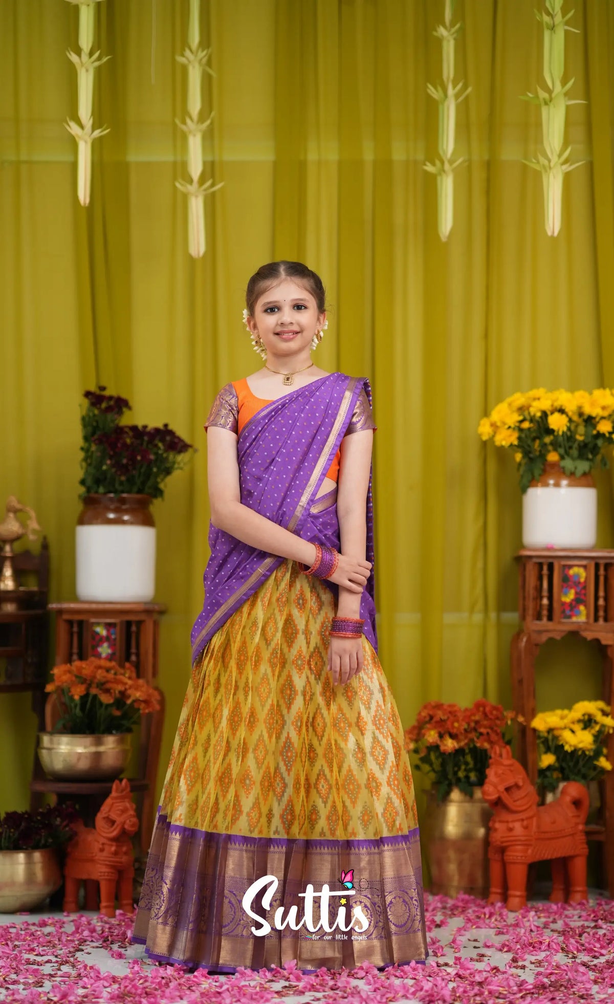 Kumaari Half Saree - Yellow and Purple - Kids-Suttis