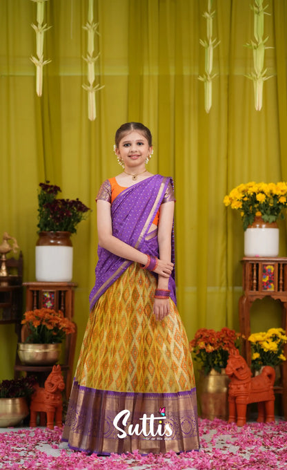 Kumaari Half Saree - Yellow and Purple - Kids-Suttis