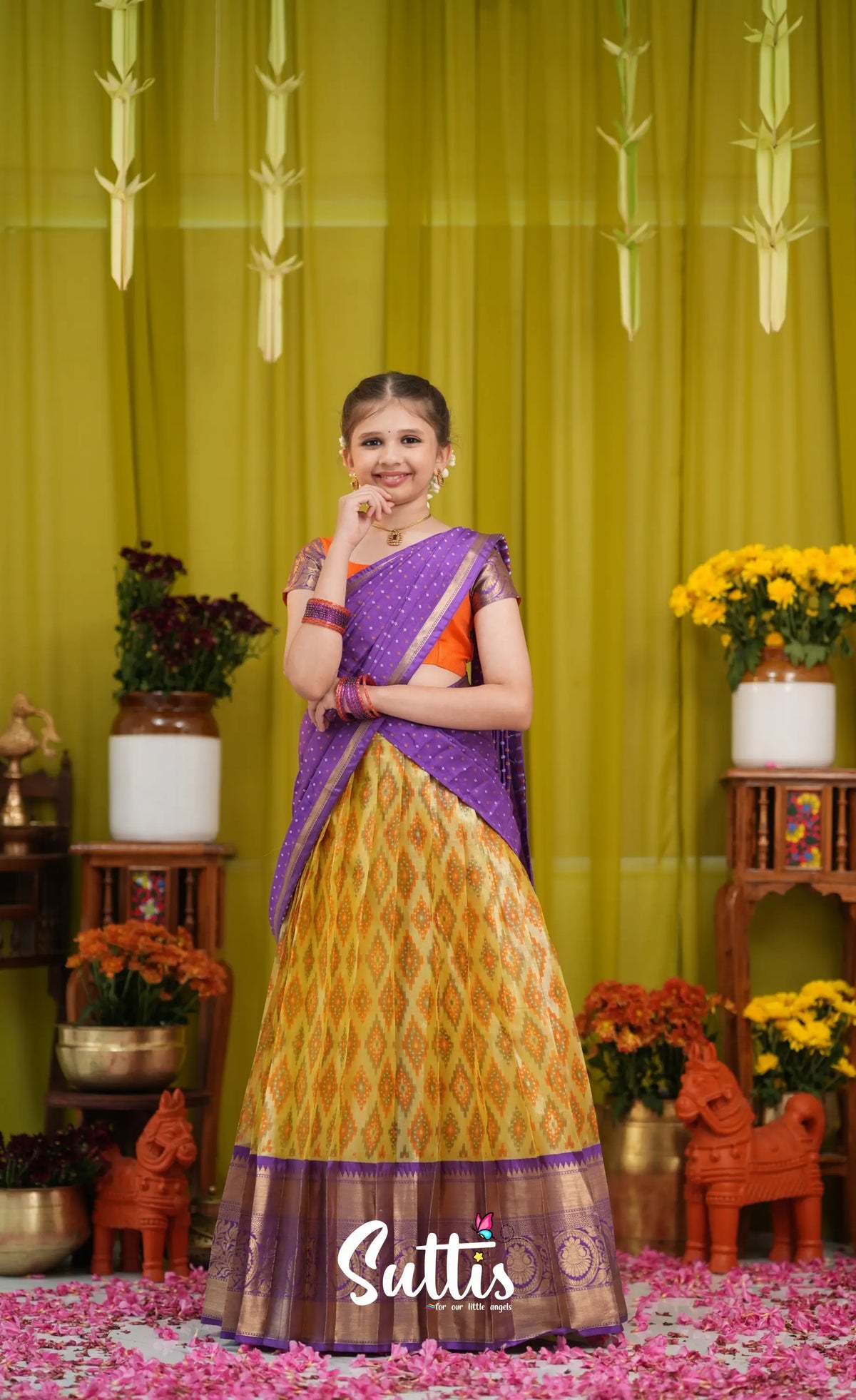 Kumaari Half Saree - Yellow and Purple - Kids-Suttis