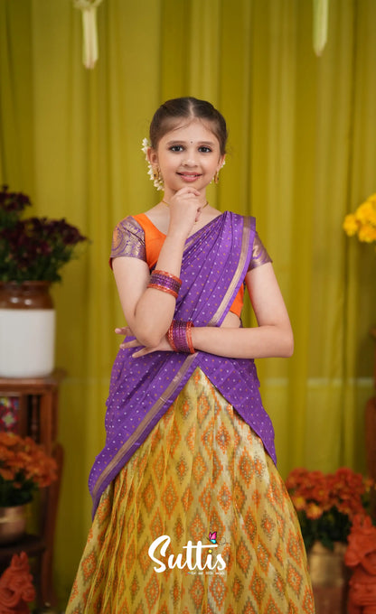 Kumaari Half Saree - Yellow and Purple - Kids-Suttis