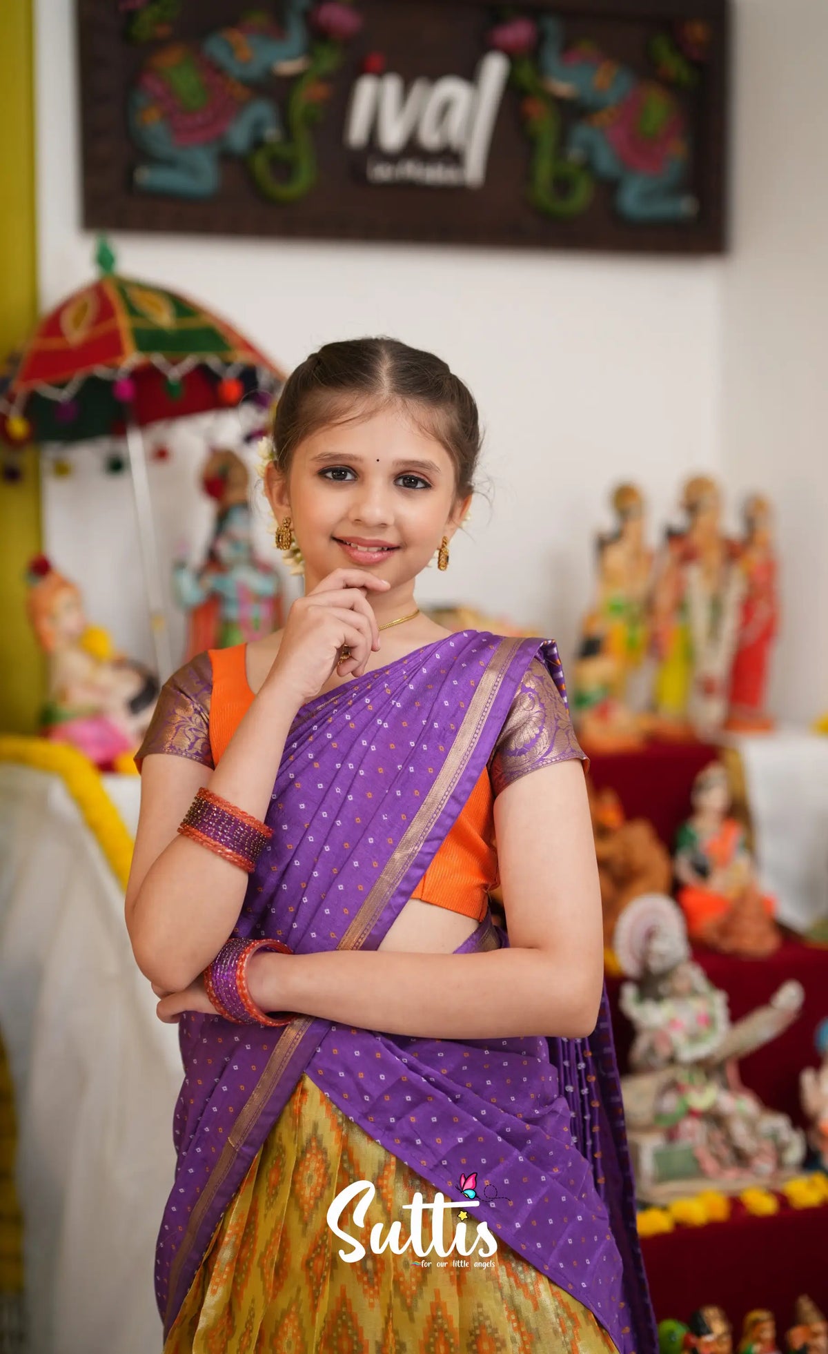 Kumaari Half Saree - Yellow and Purple - Kids-Suttis