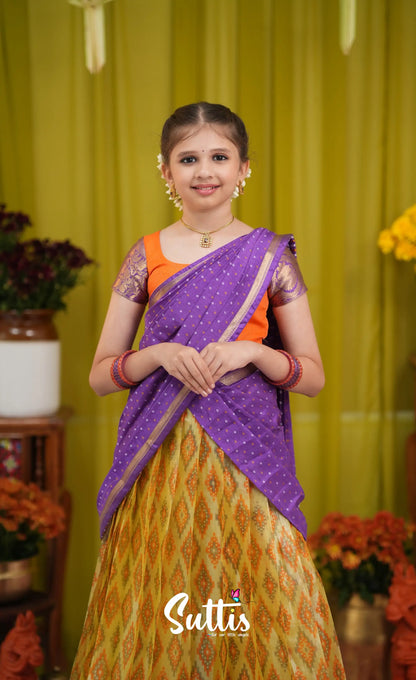 Kumaari Half Saree - Yellow and Purple - Kids-Suttis