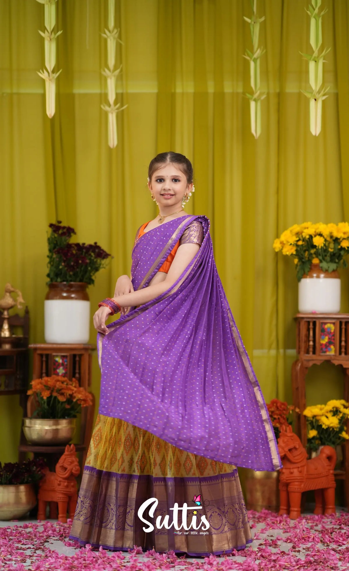 Kumaari Half Saree - Yellow and Purple - Kids-Suttis