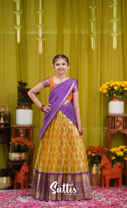 Kumaari Half Saree - Yellow and Purple - Kids-Suttis