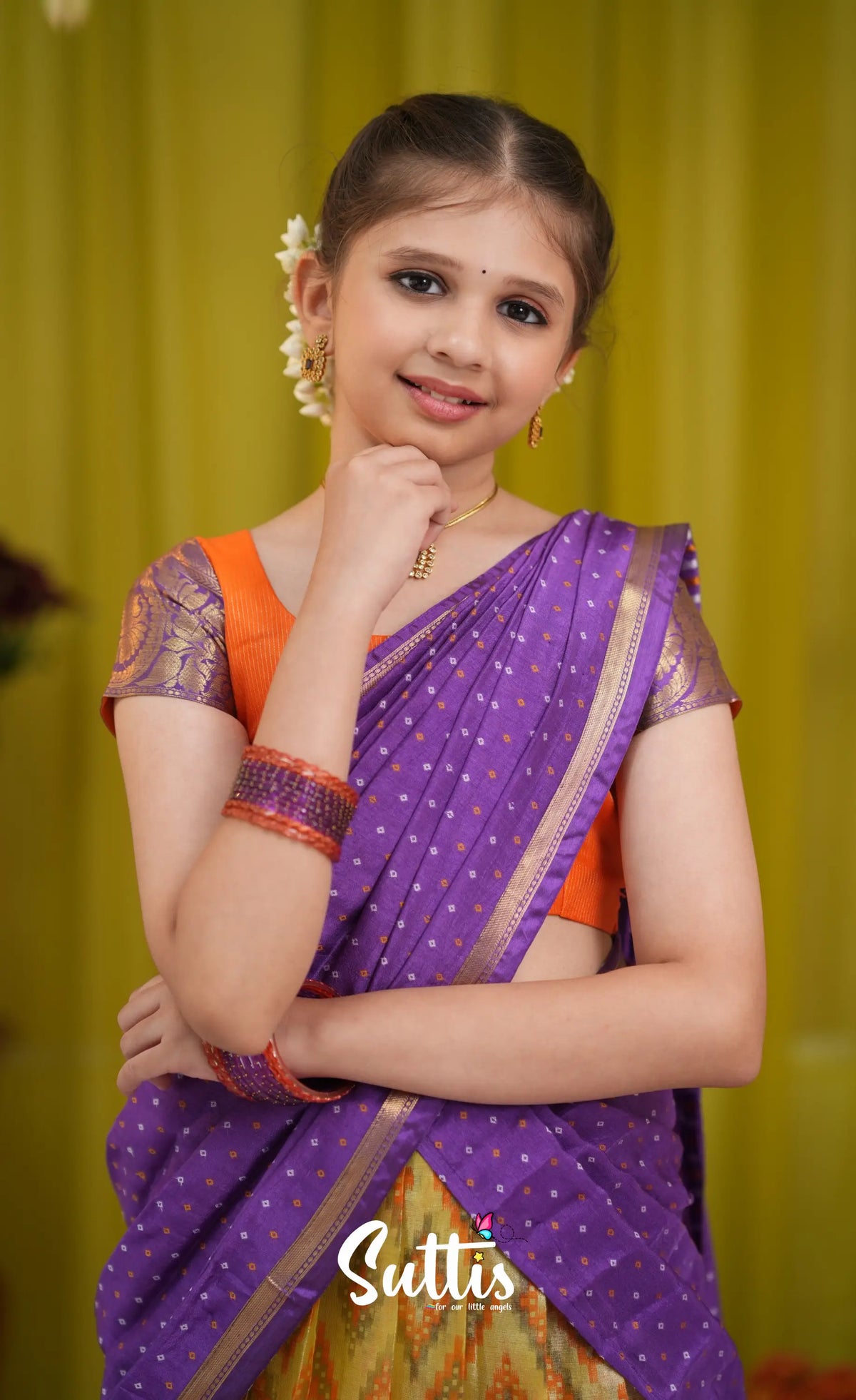Kumaari Half Saree - Yellow and Purple - Kids-Suttis