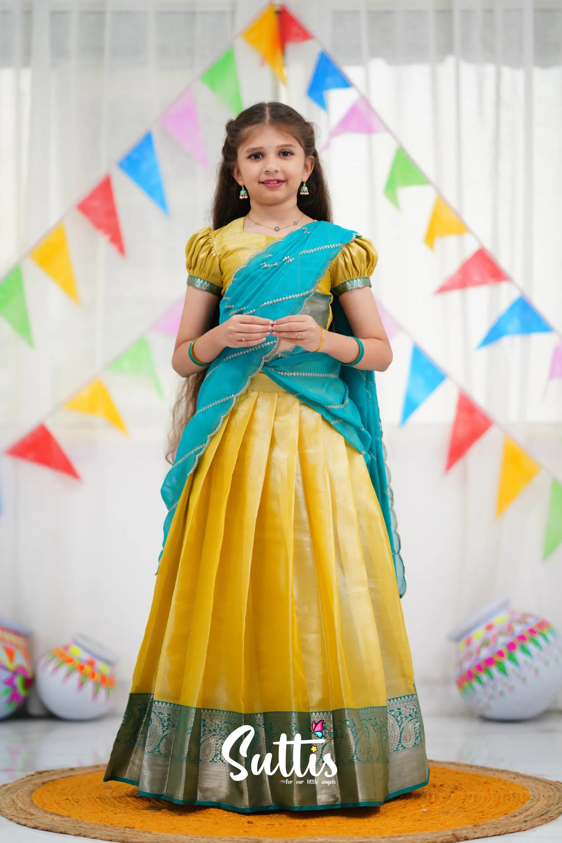 Kumaari Half Saree - Yellow And Teal Blue Kids-Suttis