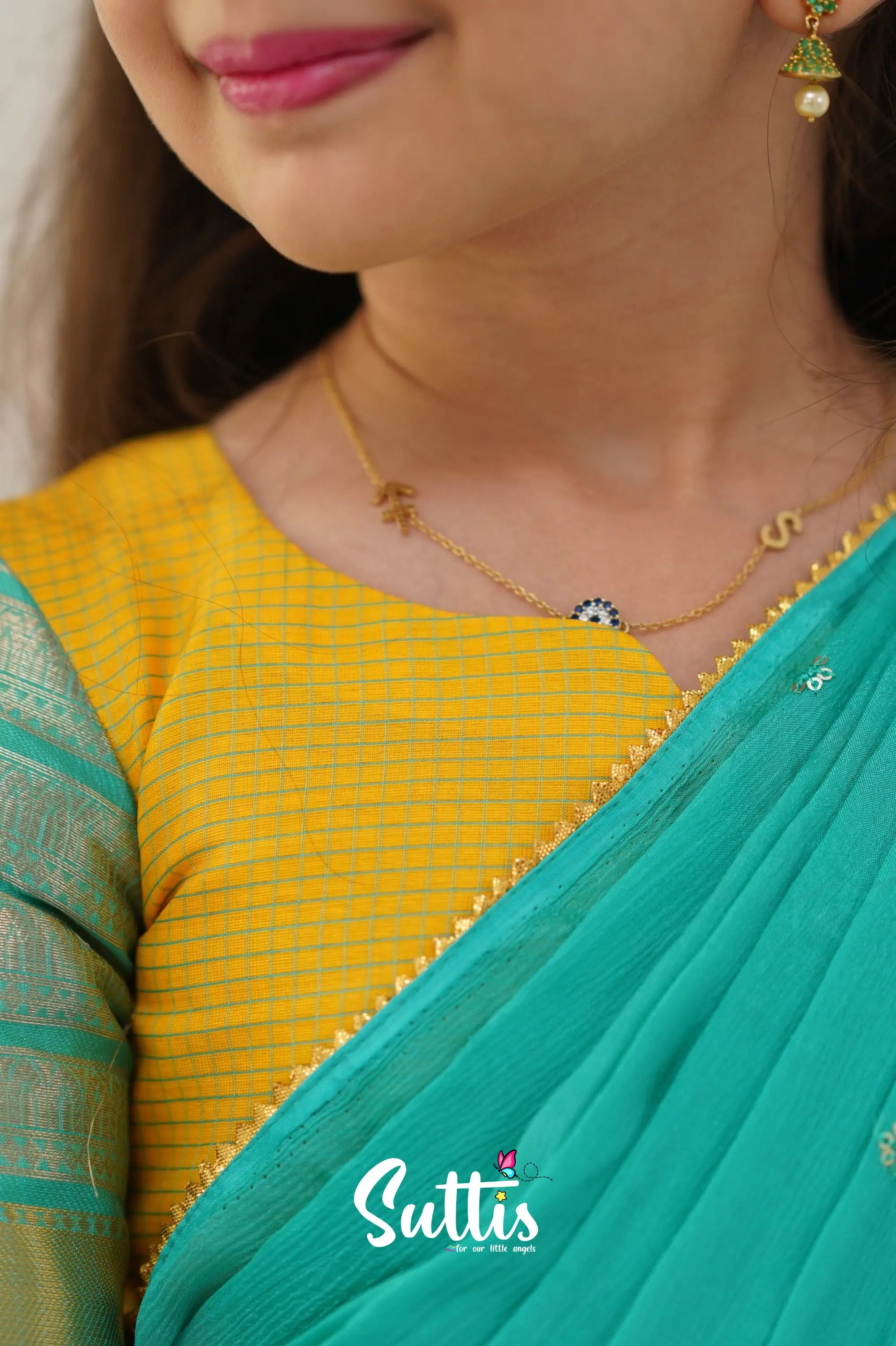 Kumaari Half Saree - Yellow And Teal Green Kids - Suttis