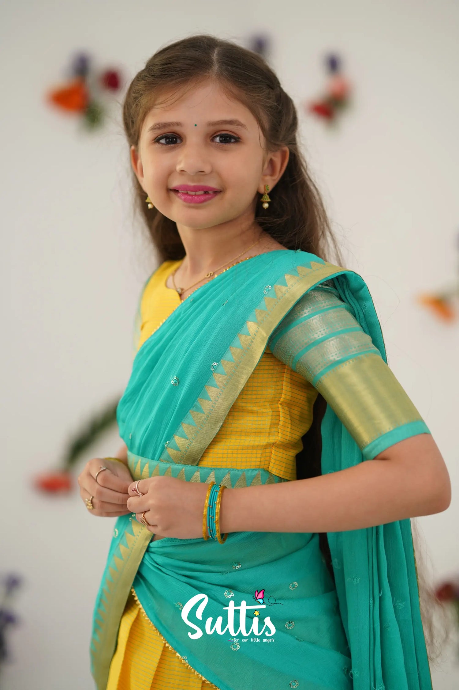 Kumaari Half Saree - Yellow And Teal Green Kids - Suttis