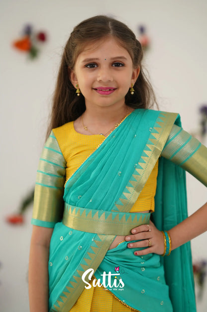 Kumaari Half Saree - Yellow And Teal Green Kids - Suttis