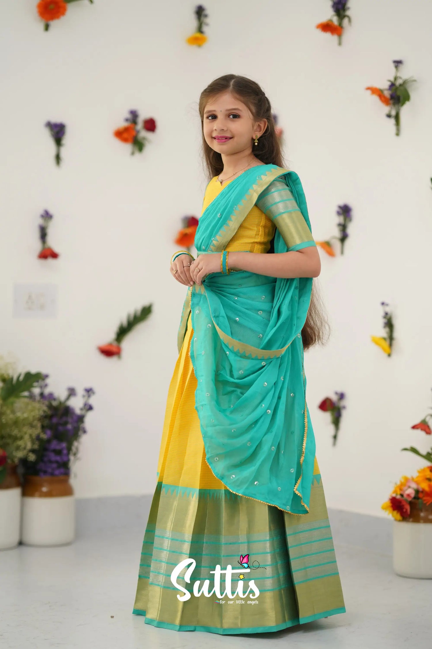 Kumaari Half Saree - Yellow And Teal Green Kids - Suttis