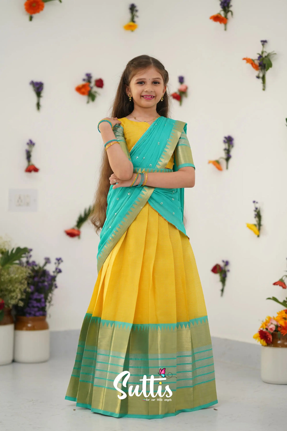 Kumaari Half Saree - Yellow And Teal Green Kids - Suttis