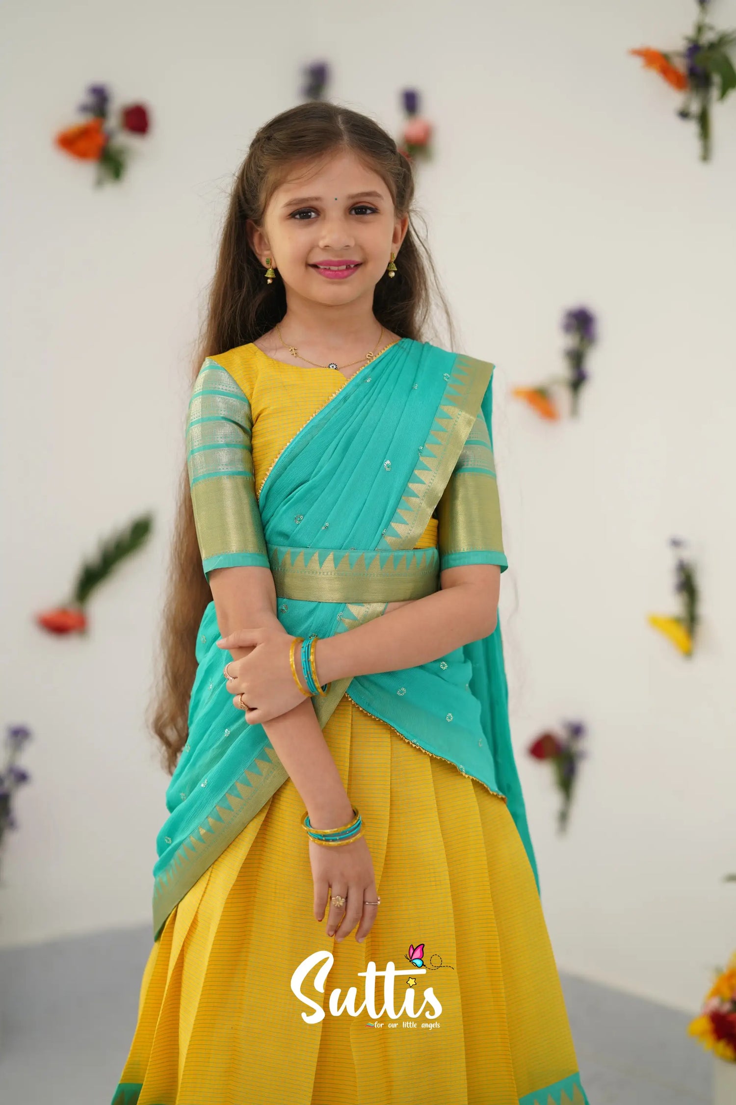 Kumaari Half Saree - Yellow And Teal Green Kids - Suttis