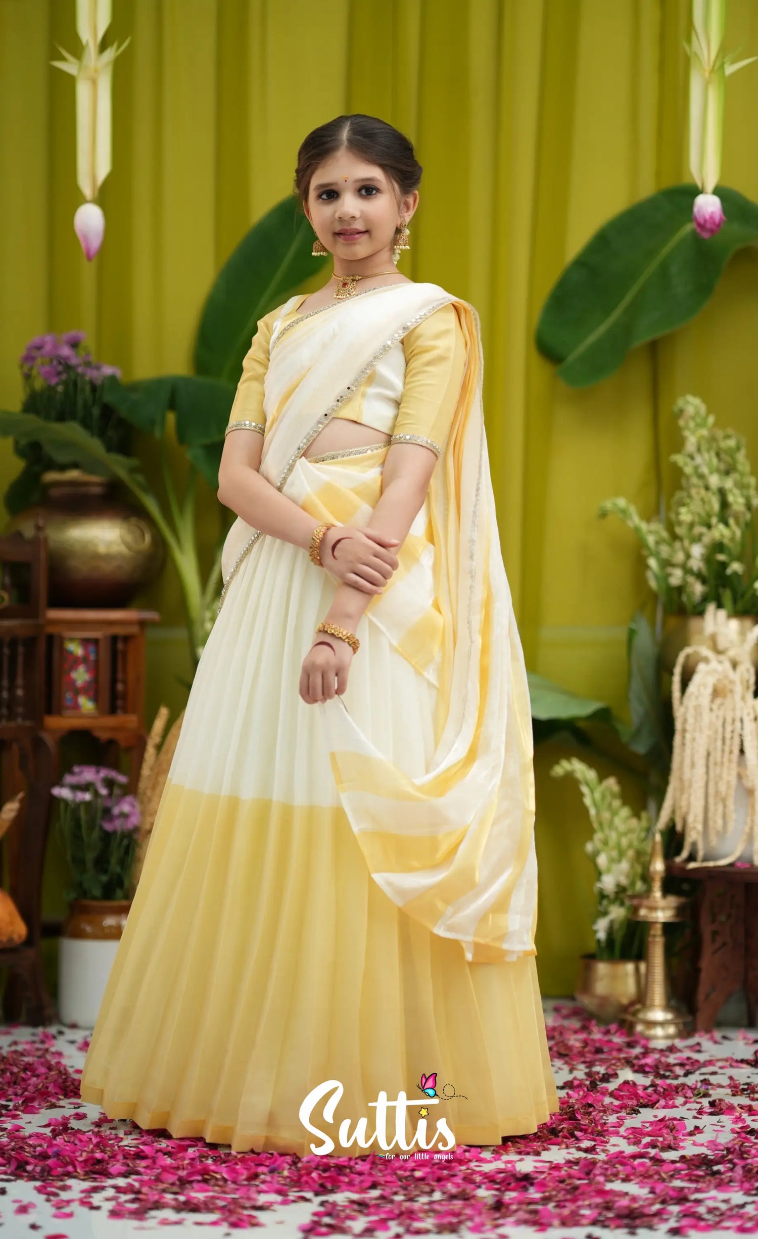 Kumaari Kids Half Saree - Milky white and Gold - Kids-Suttis