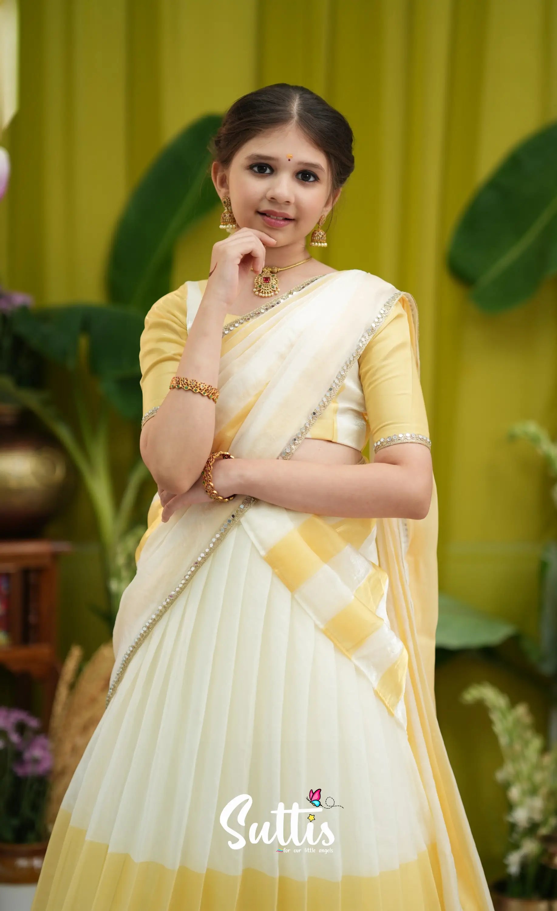 Kumaari Kids Half Saree - Milky white and Gold - Kids-Suttis