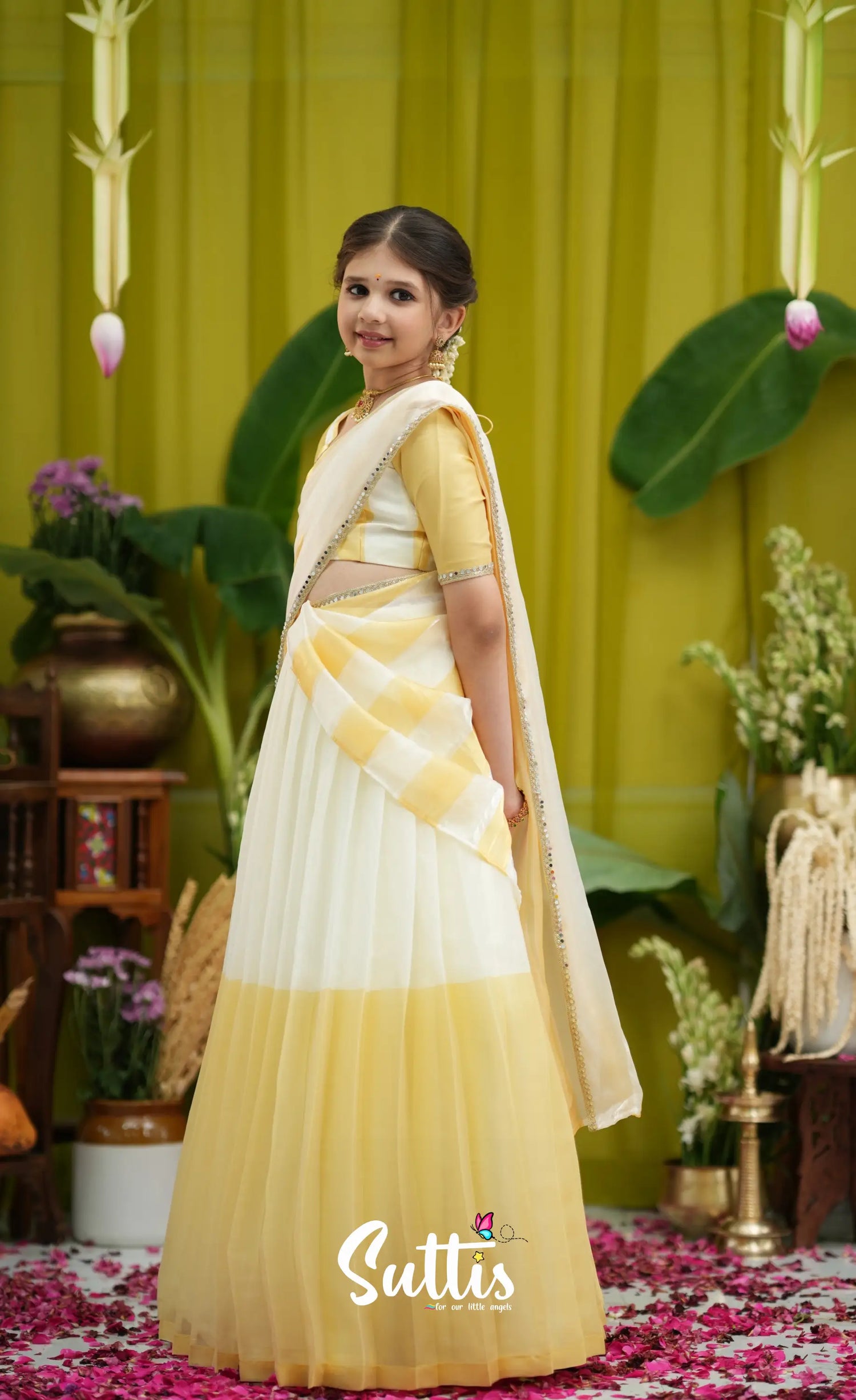 Kumaari Kids Half Saree - Milky white and Gold - Kids-Suttis