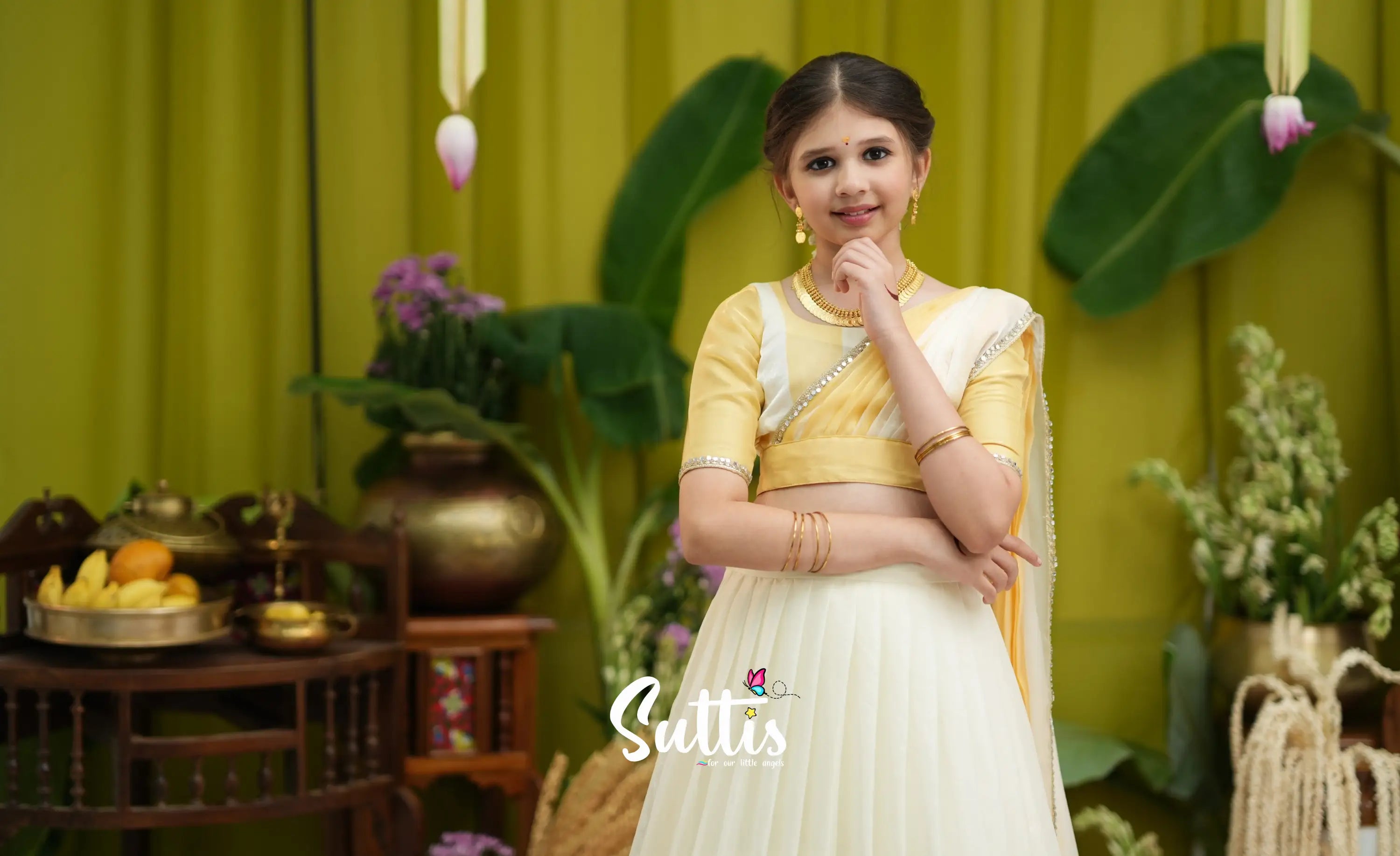 Kumaari Kids Half Saree - Milky white and Gold - Kids-Suttis