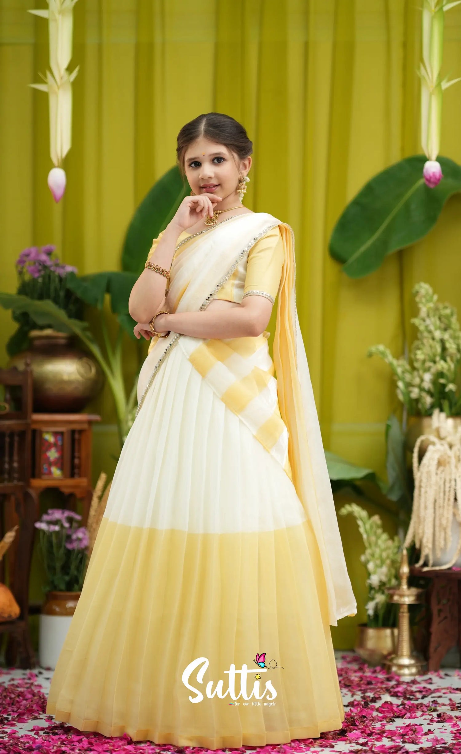 Kumaari Kids Half Saree - Milky white and Gold - Kids-Suttis