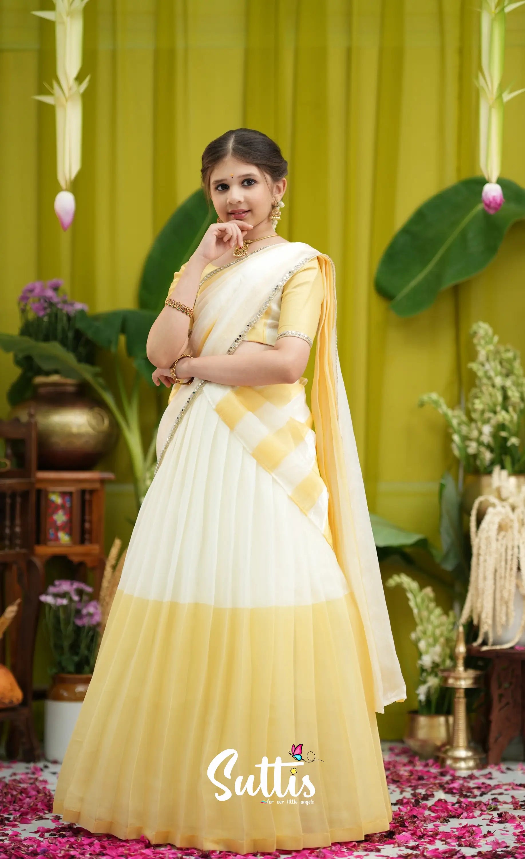 Kumaari Kids Half Saree - Milky white and Gold - Kids-Suttis