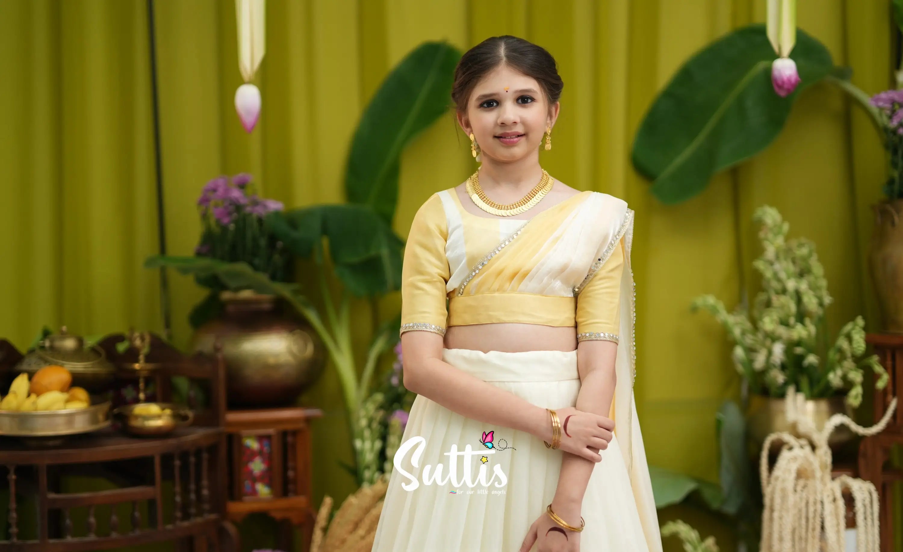 Kumaari Kids Half Saree - Milky white and Gold - Kids-Suttis