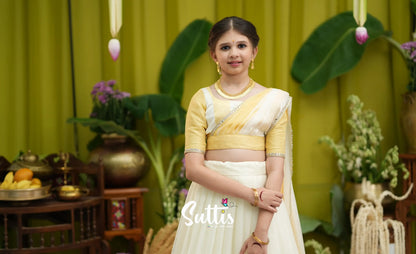 Kumaari Kids Half Saree - Milky white and Gold - Kids-Suttis
