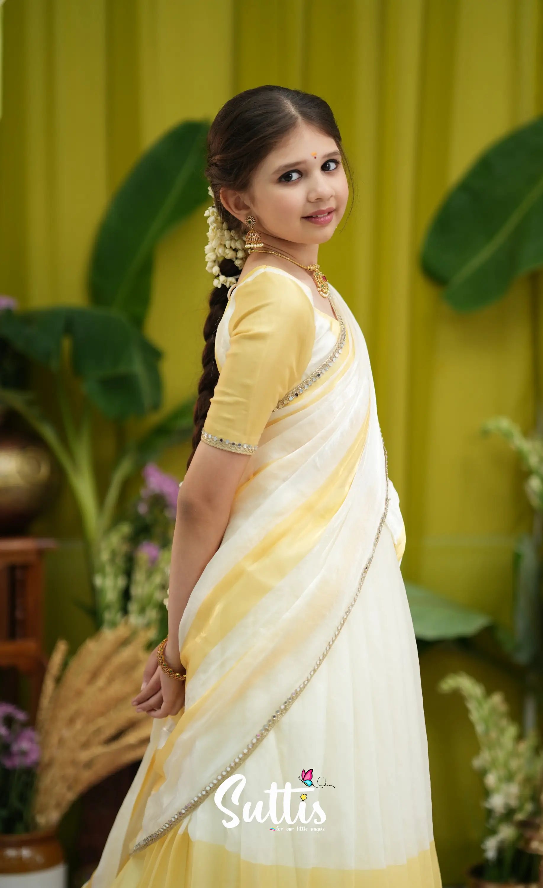 Kumaari Kids Half Saree - Milky white and Gold - Kids-Suttis