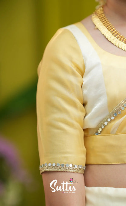 Kumaari Kids Half Saree - Milky white and Gold - Kids-Suttis