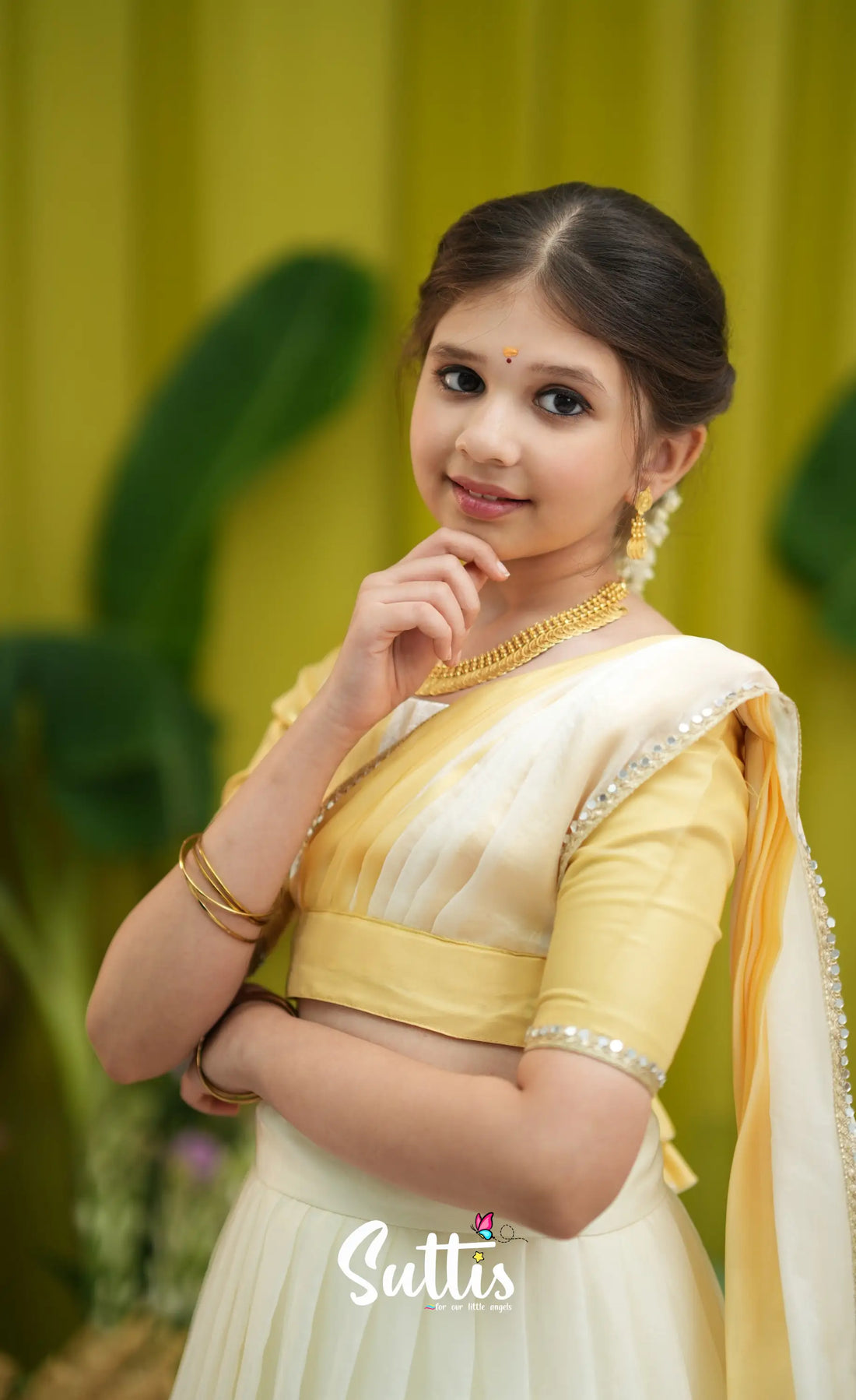 Kumaari Kids Half Saree - Milky white and Gold - Kids-Suttis