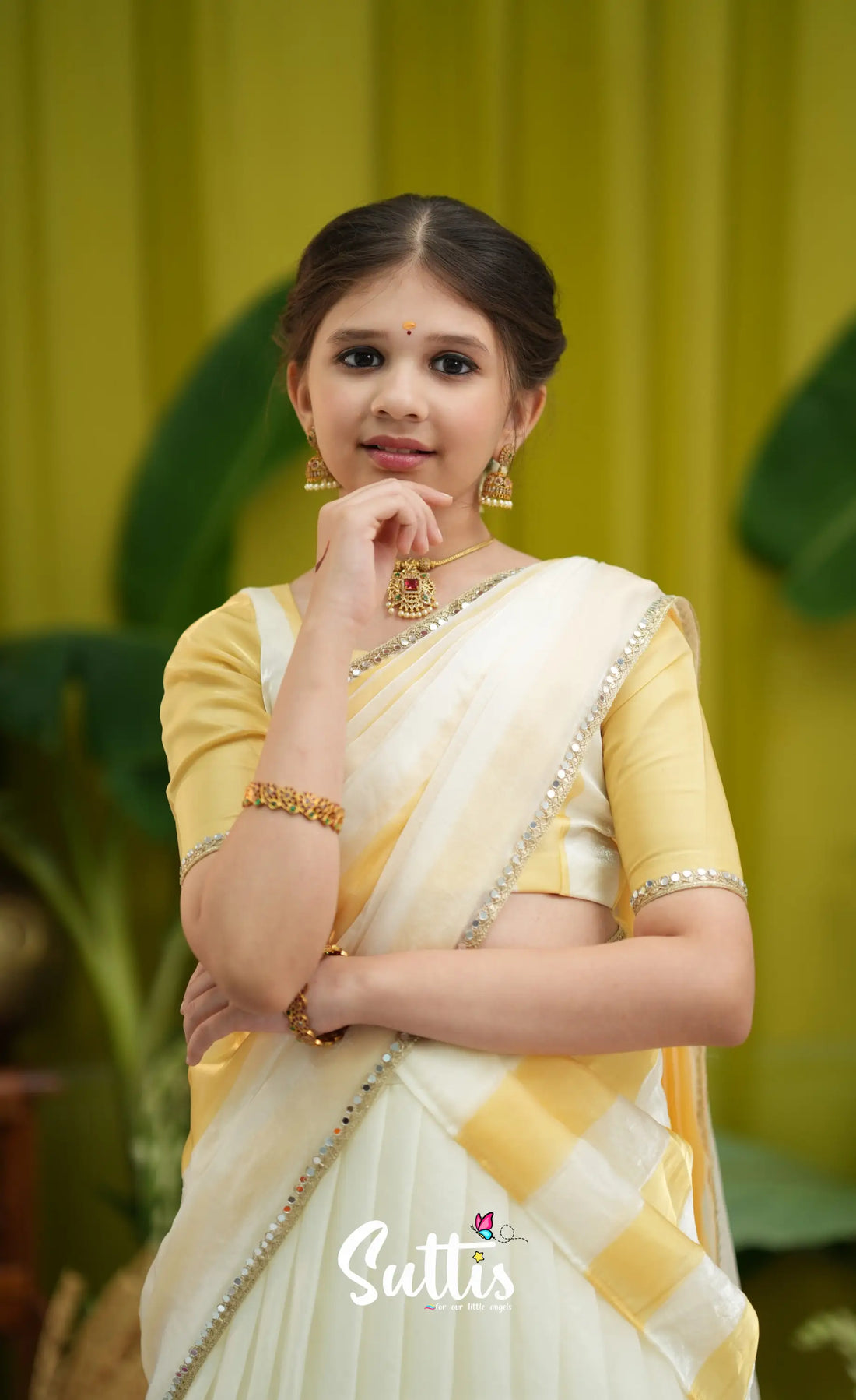 Kumaari Kids Half Saree - Milky white and Gold - Kids-Suttis