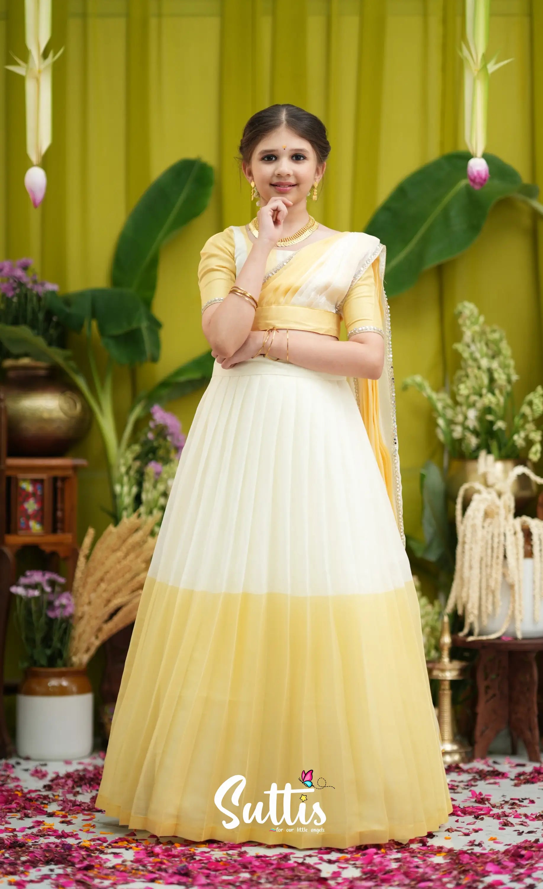 Kumaari Kids Half Saree - Milky white and Gold - Kids-Suttis