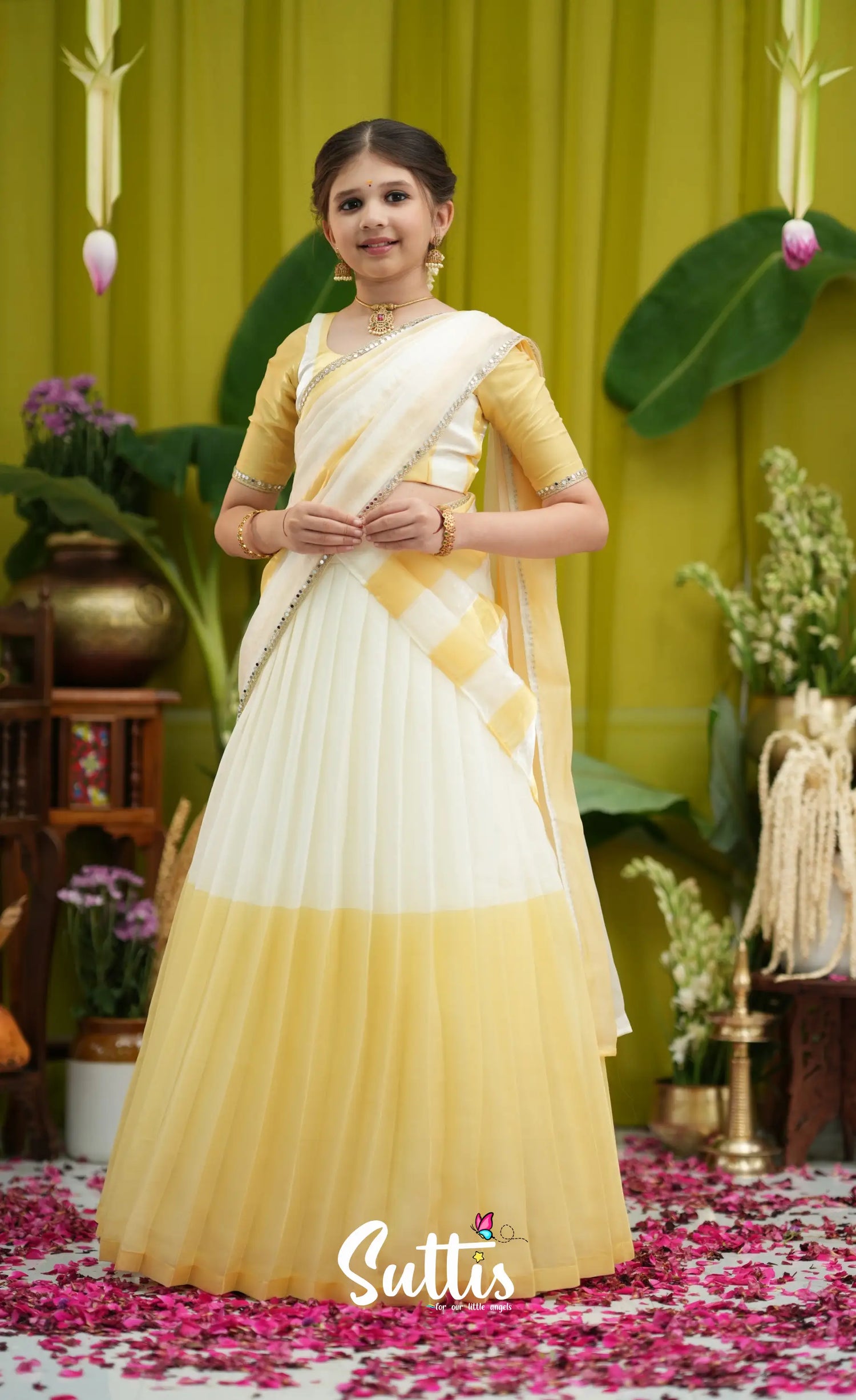 Kumaari Kids Half Saree - Milky white and Gold - Kids-Suttis