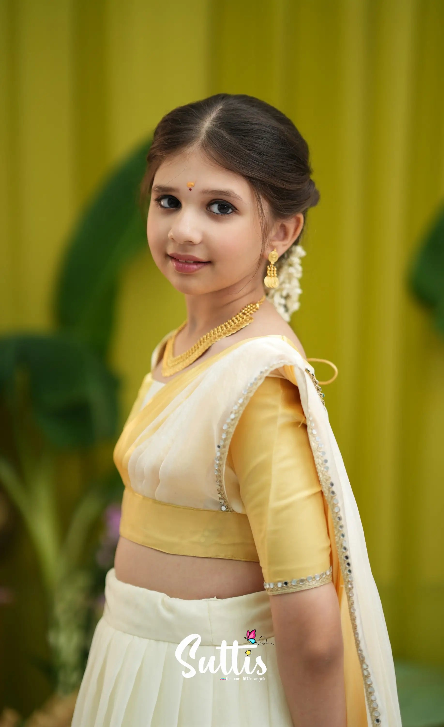 Kumaari Kids Half Saree - Milky white and Gold - Kids-Suttis