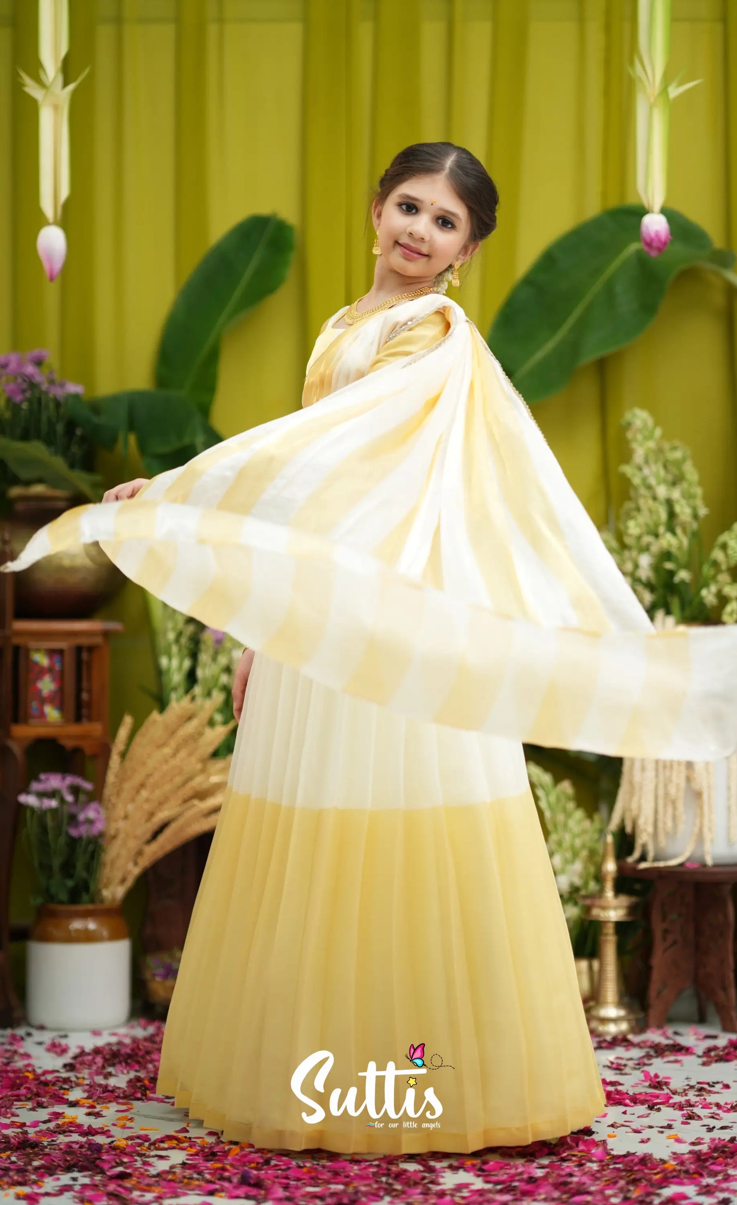 Kumaari Kids Half Saree - Milky white and Gold - Kids-Suttis