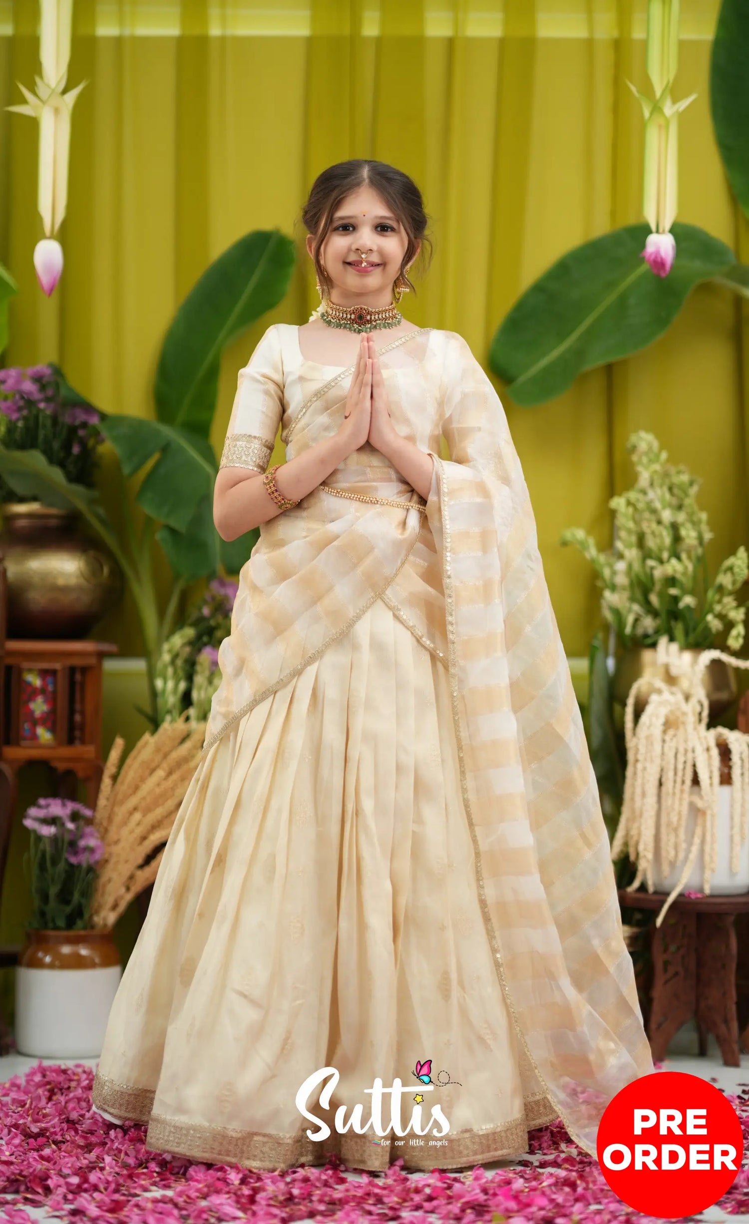 Kumaari Kids Half Saree - Off white and Gold - Kids-Suttis