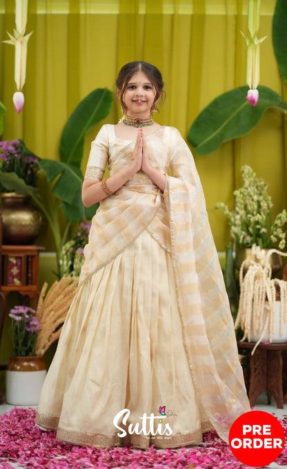Kumaari Kids Half Saree - Off white and Gold - Kids-Suttis