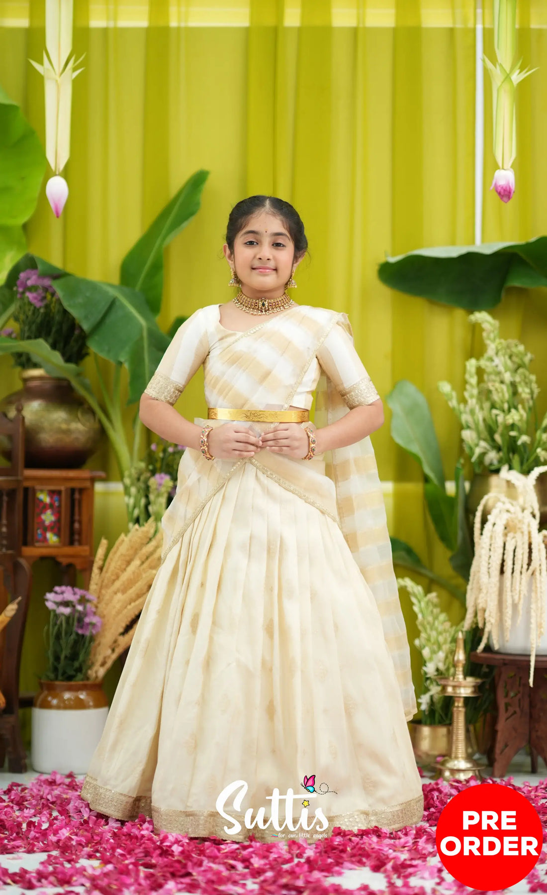 Kumaari Kids Half Saree - Off white and Gold - Kids-Suttis