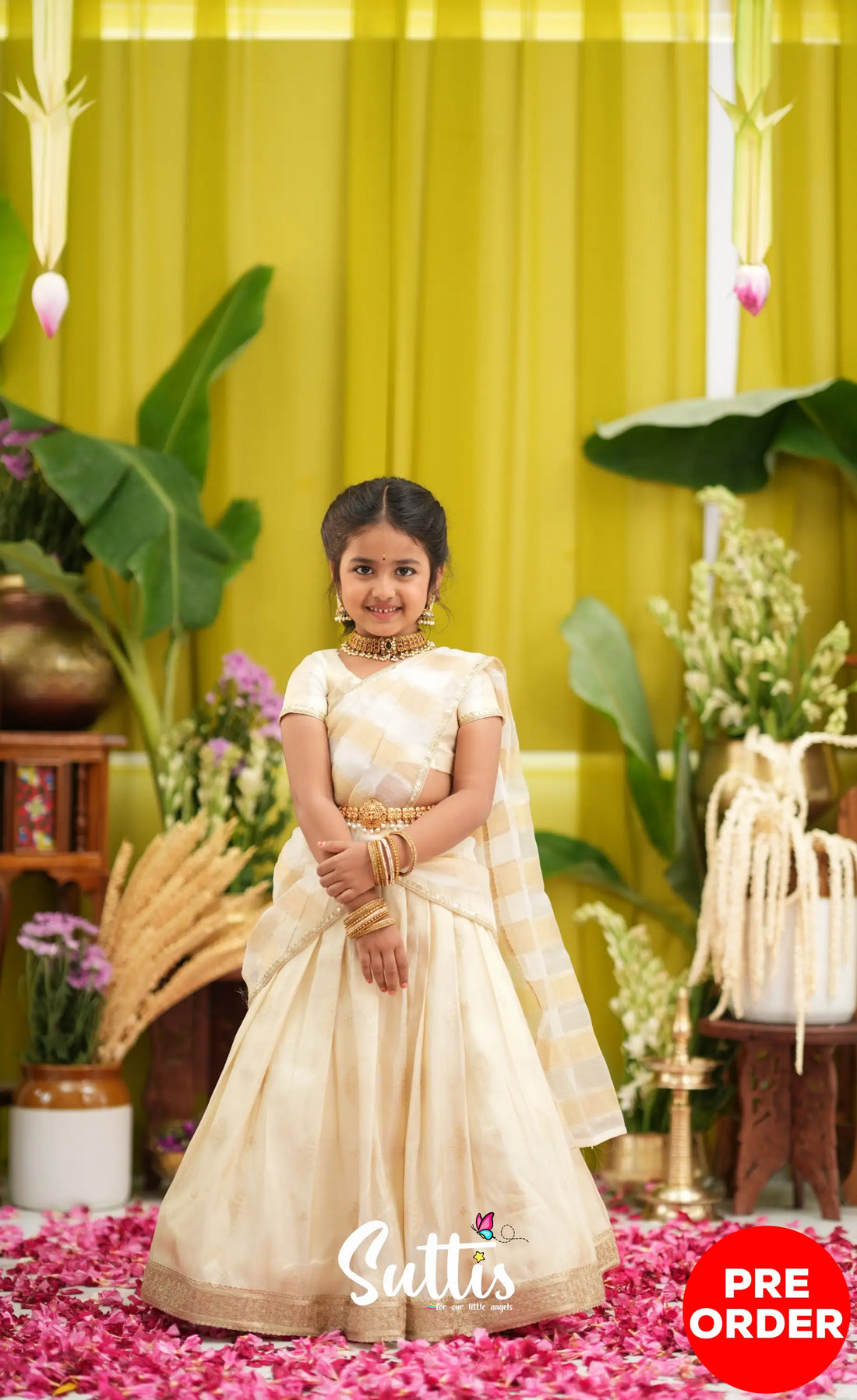 Kumaari Kids Half Saree - Off white and Gold - Kids-Suttis