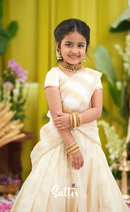 Kumaari Kids Half Saree - Off white and Gold - Kids-Suttis